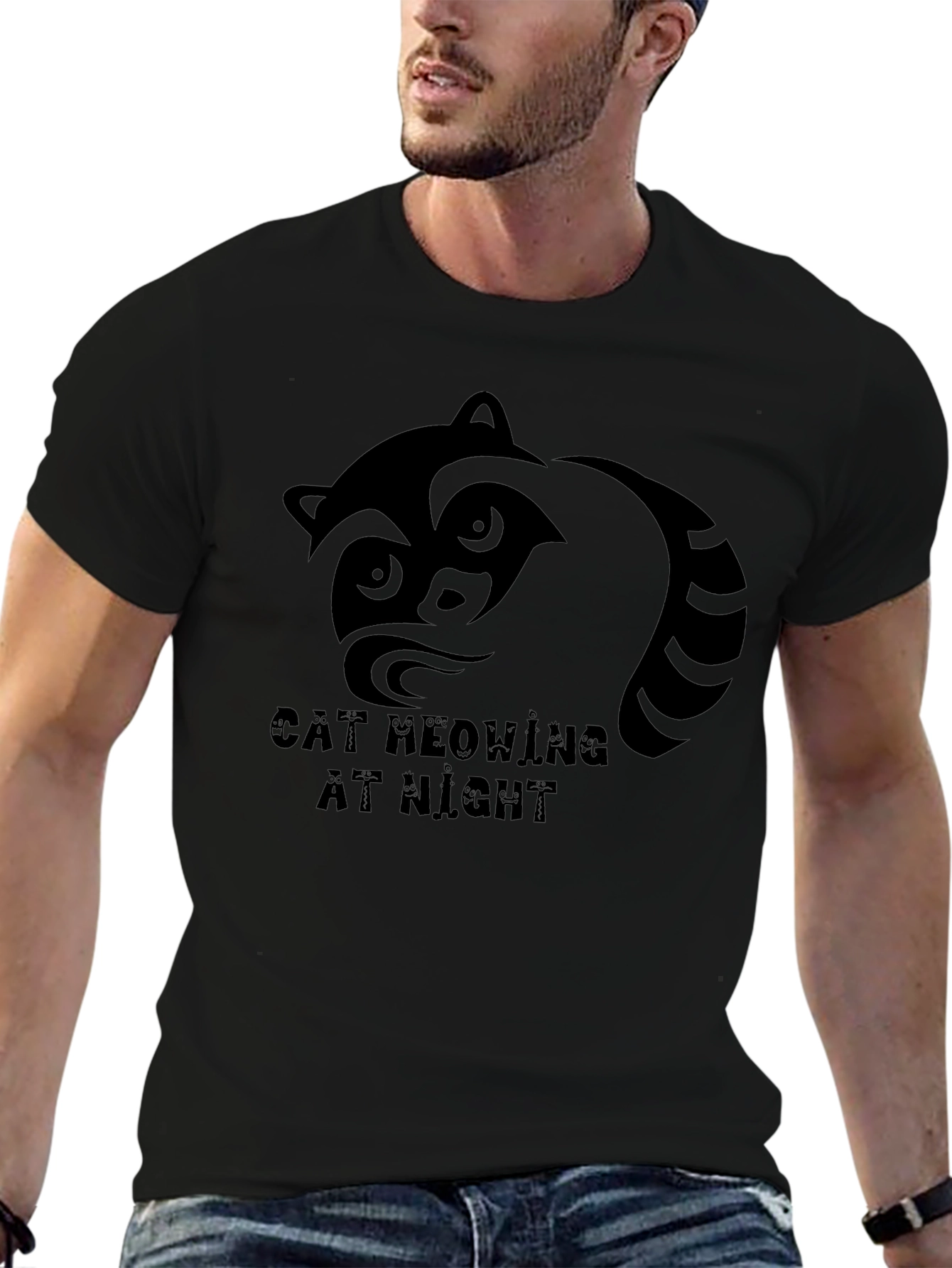 Black Raccoon Graphic T-Shirt - Cat Meowing At Night Tee view 6
