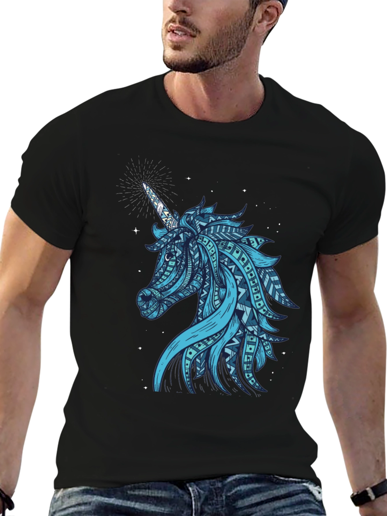 Black Tribal Unicorn Graphic Tee - Men's Black T-Shirt view 6