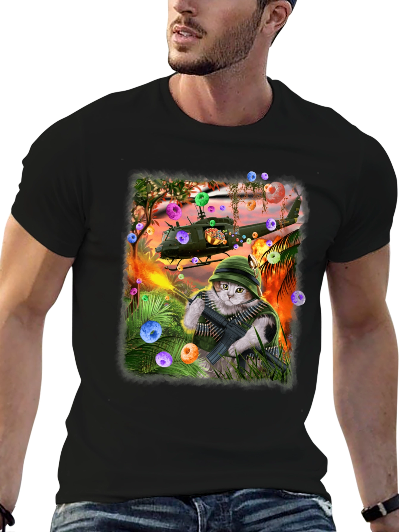 Black Funny Cat Warrior T-Shirt view 6