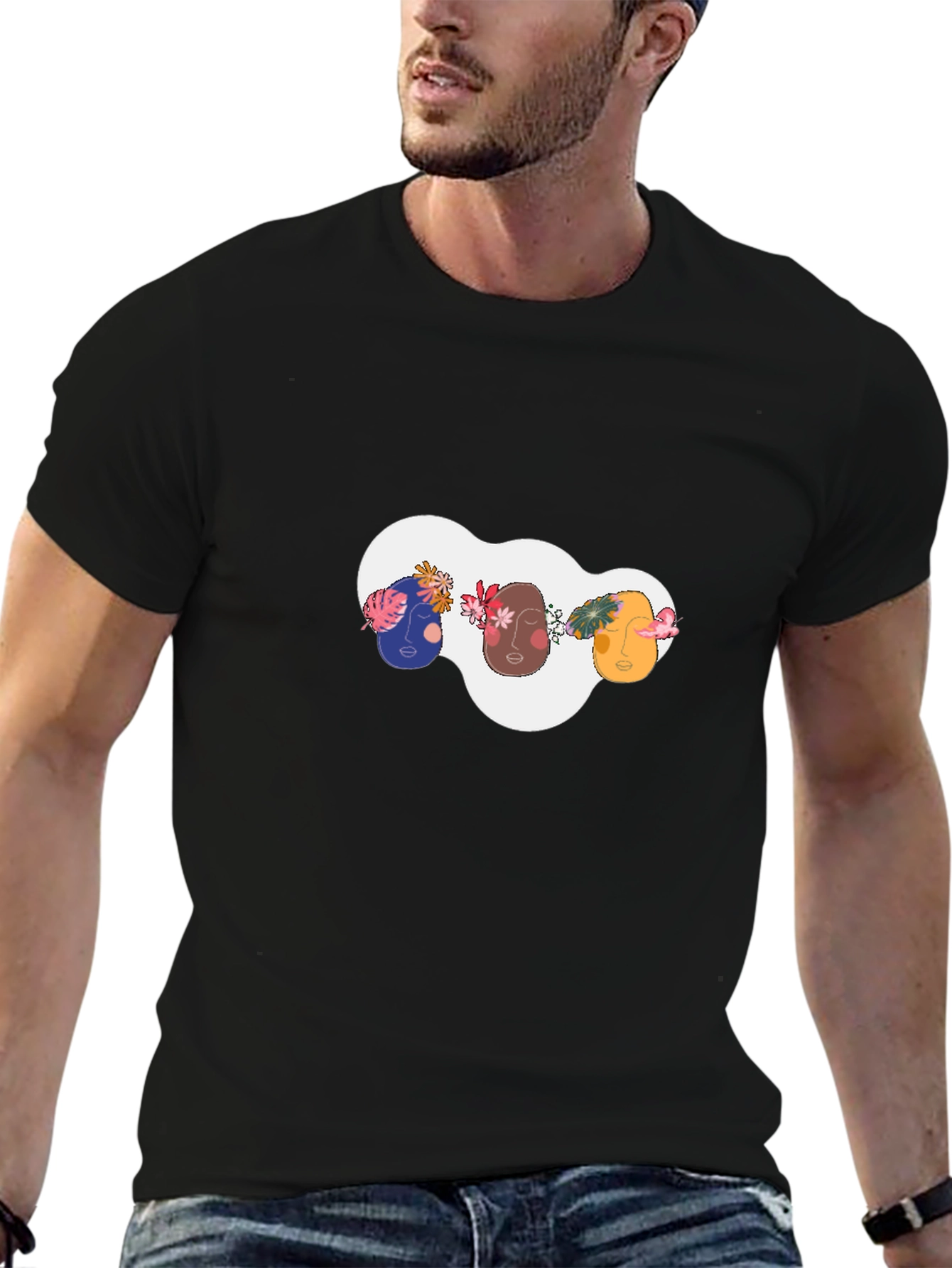 Black Abstract Faces Graphic Tee - Modern Unisex T-Shirt view 6