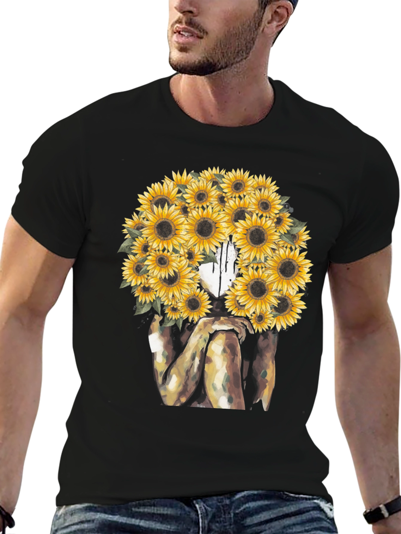 Black Sunflower Woman Graphic T-Shirt - Artistic Black Tee view 6