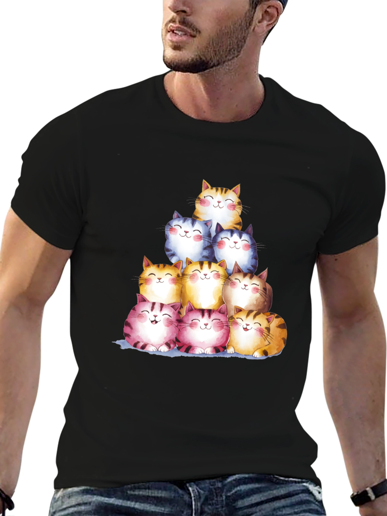 Black Stacked Smiling Cats Graphic Tee - Black view 6