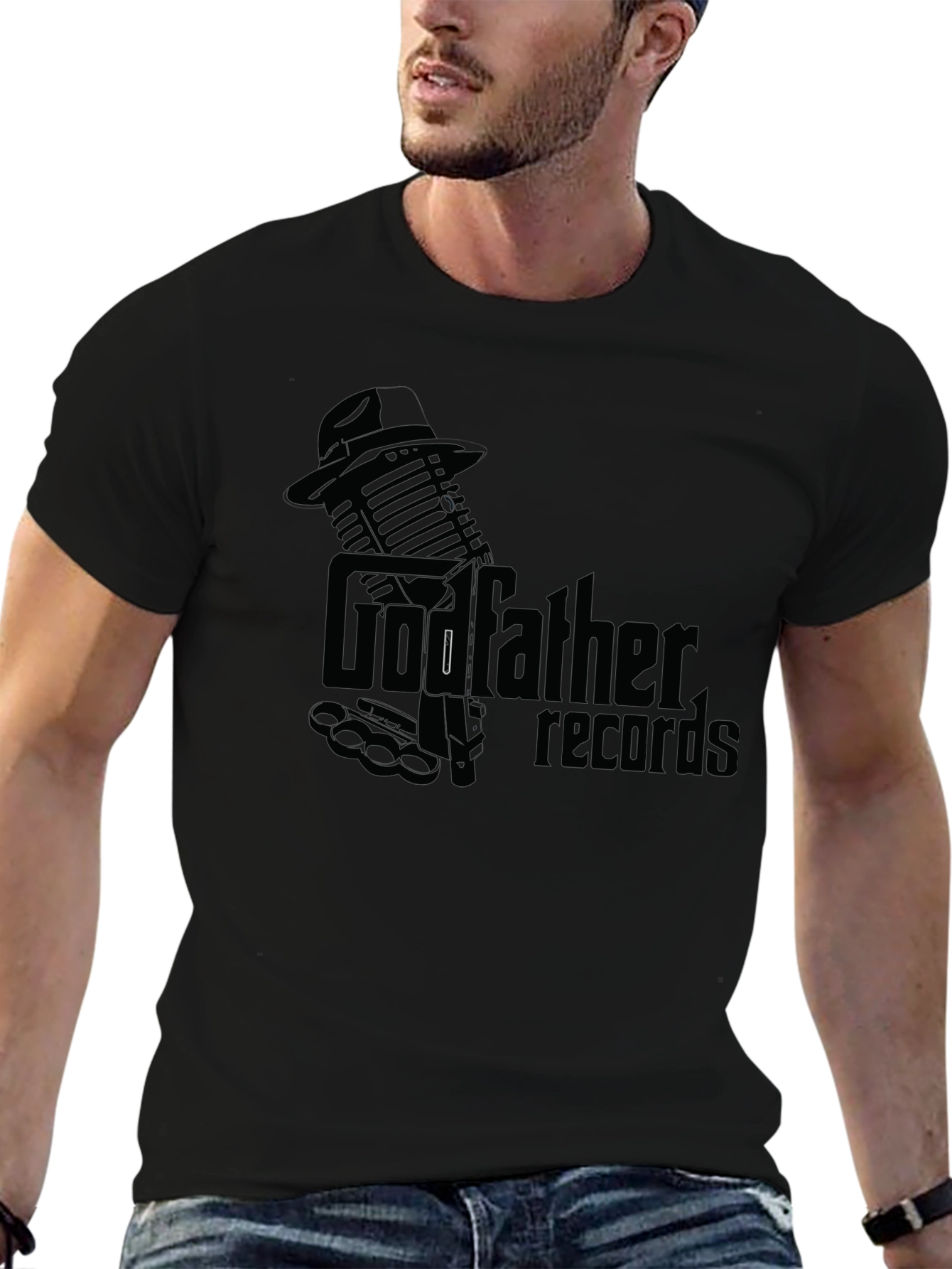 Black Godfather Records Graphic Tee - Vintage Microphone Design view 6