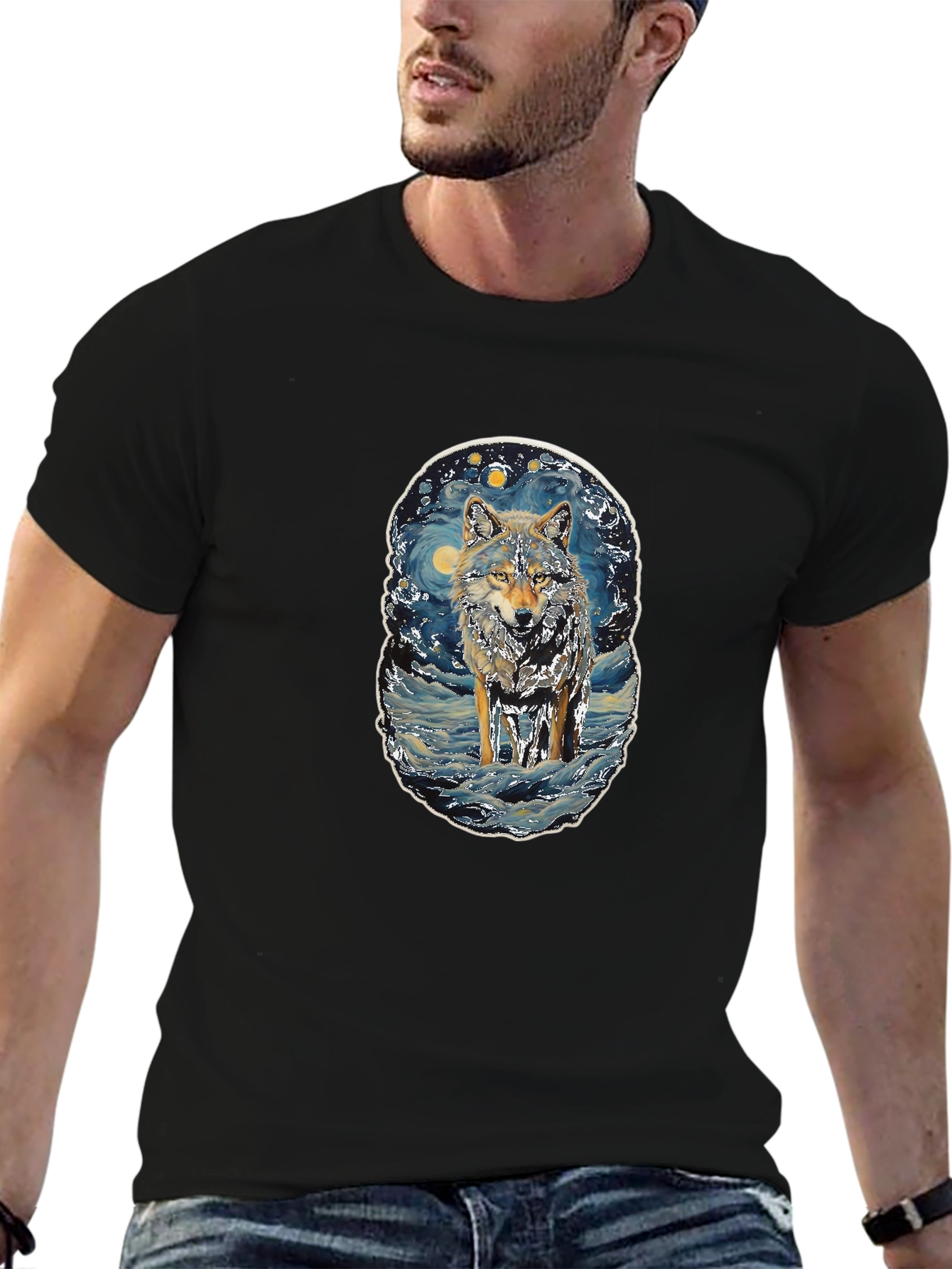 Black Wolf Starry Night T-Shirt view 6
