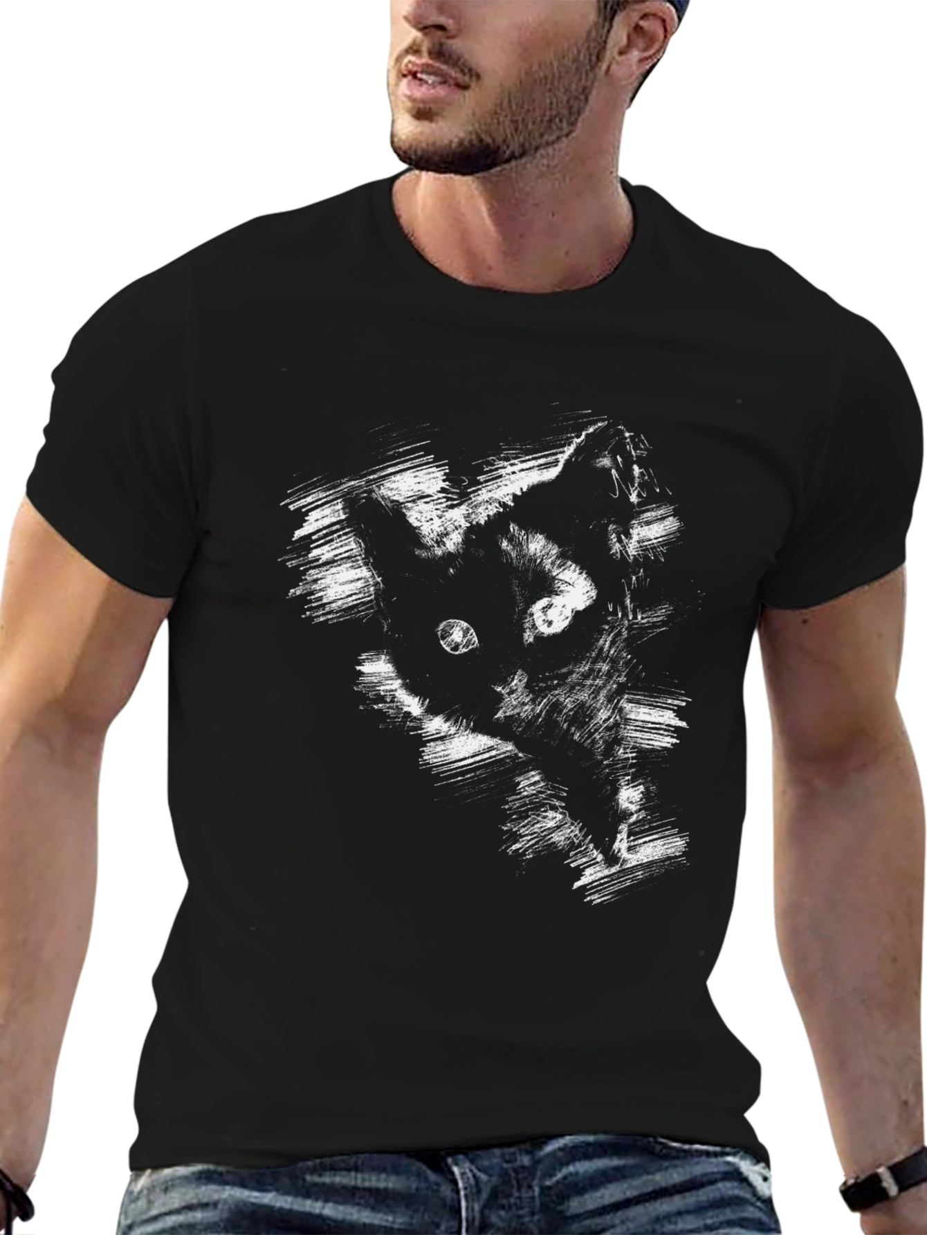 Black Brushstroke Cat Graphic Black T-Shirt view 6
