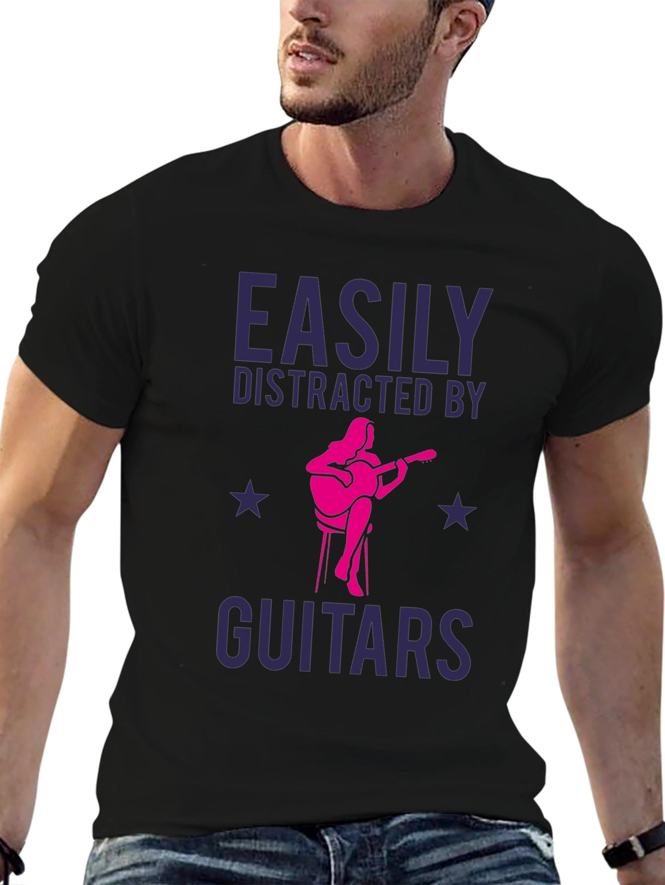 Black Easily Distracted By Guitars T-Shirt view 6