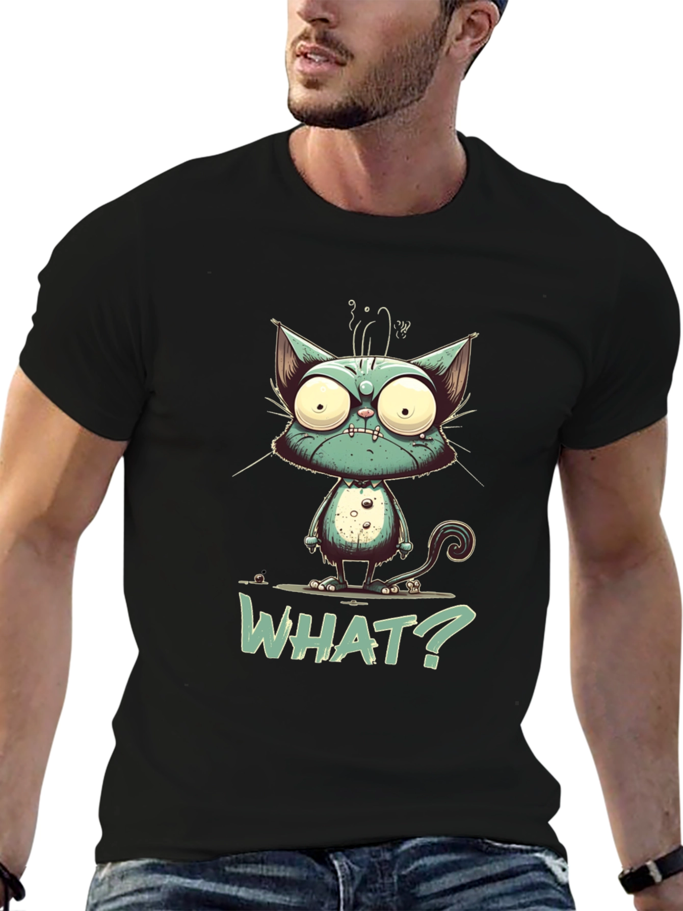 Black Cartoon Cat "WHAT?" Graphic Tee - Unisex view 6