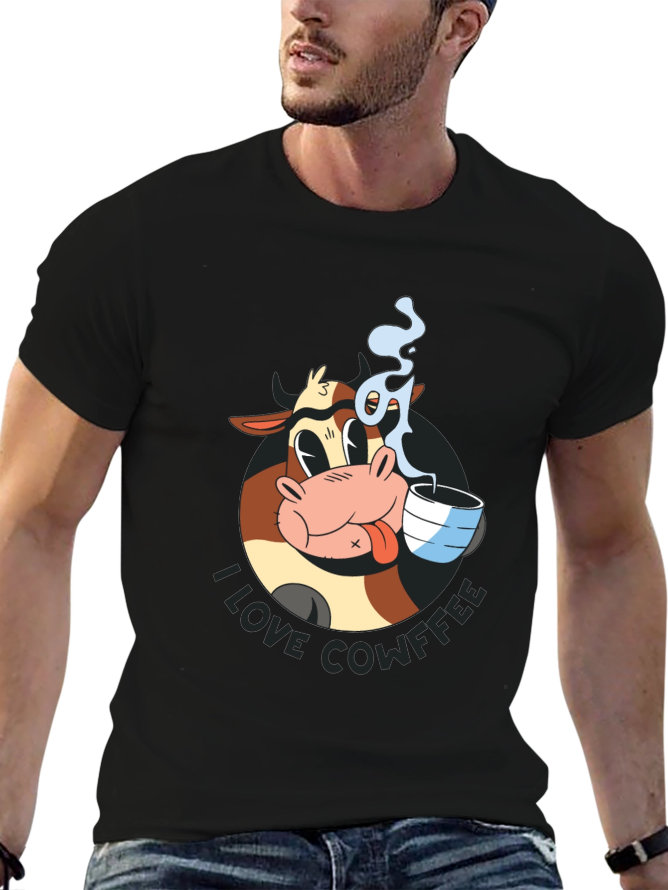 Black Cowffee T-Shirt - Cartoon Cow Coffee Lover Tee view 6