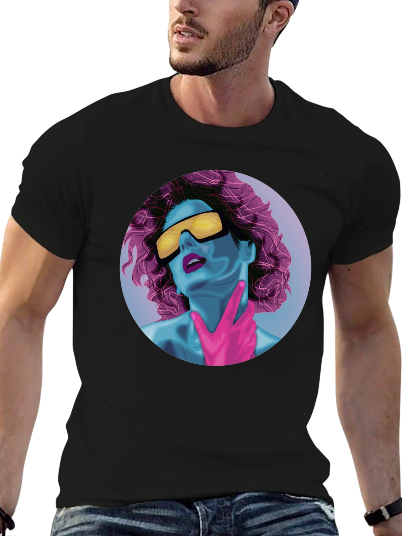 Black Retro Synthwave Graphic Tee - Black Cotton T-Shirt view 6