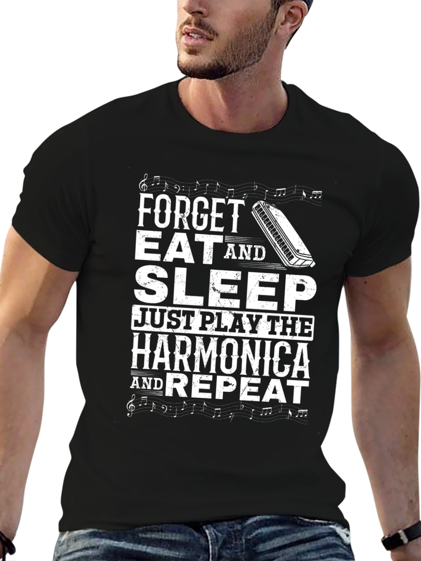 Black Harmonica Player T-Shirt: Forget, Eat, Sleep, Play, Repeat view 6