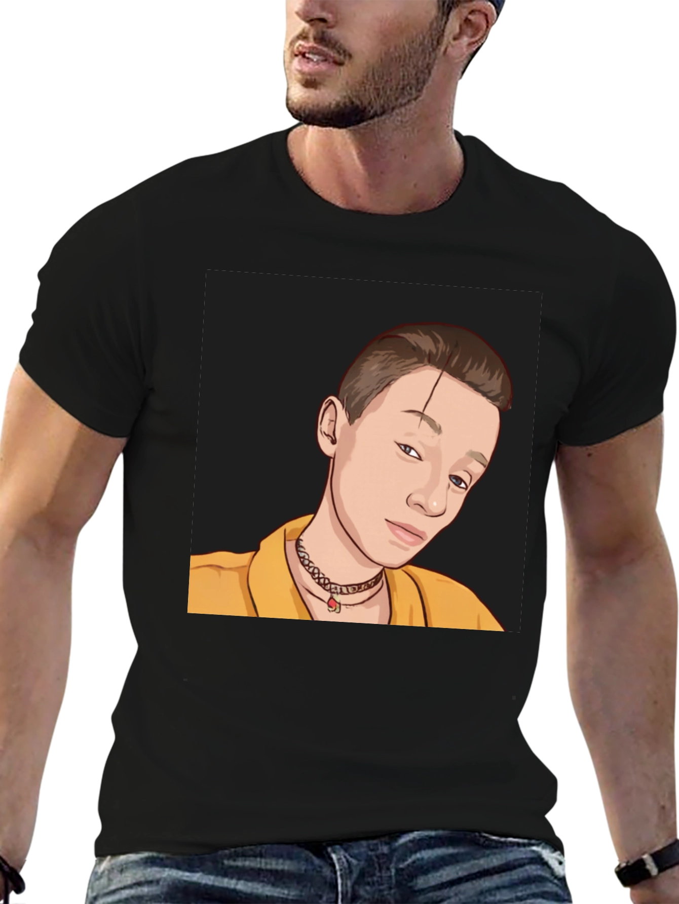 Black Graphic Tee: Cartoon Portrait T-Shirt view 6