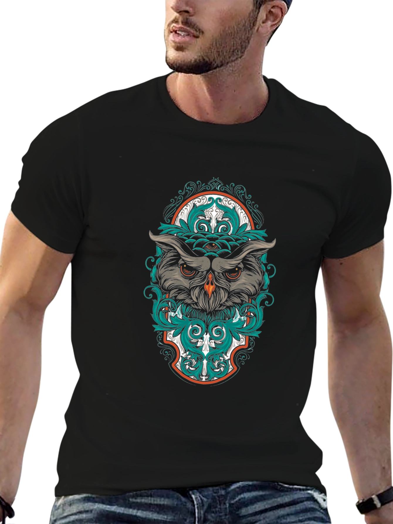 Black Owl Graphic Print Black T-Shirt view 6