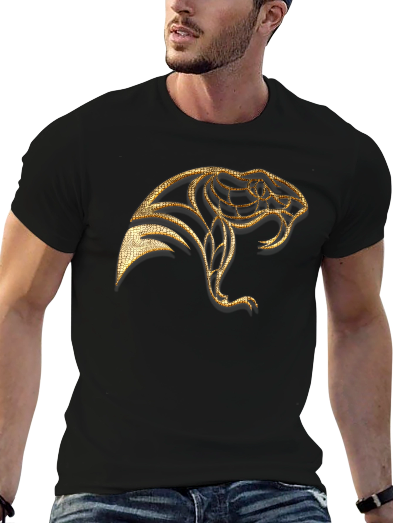 Black Men's Black T-Shirt with Golden Snake Design view 6