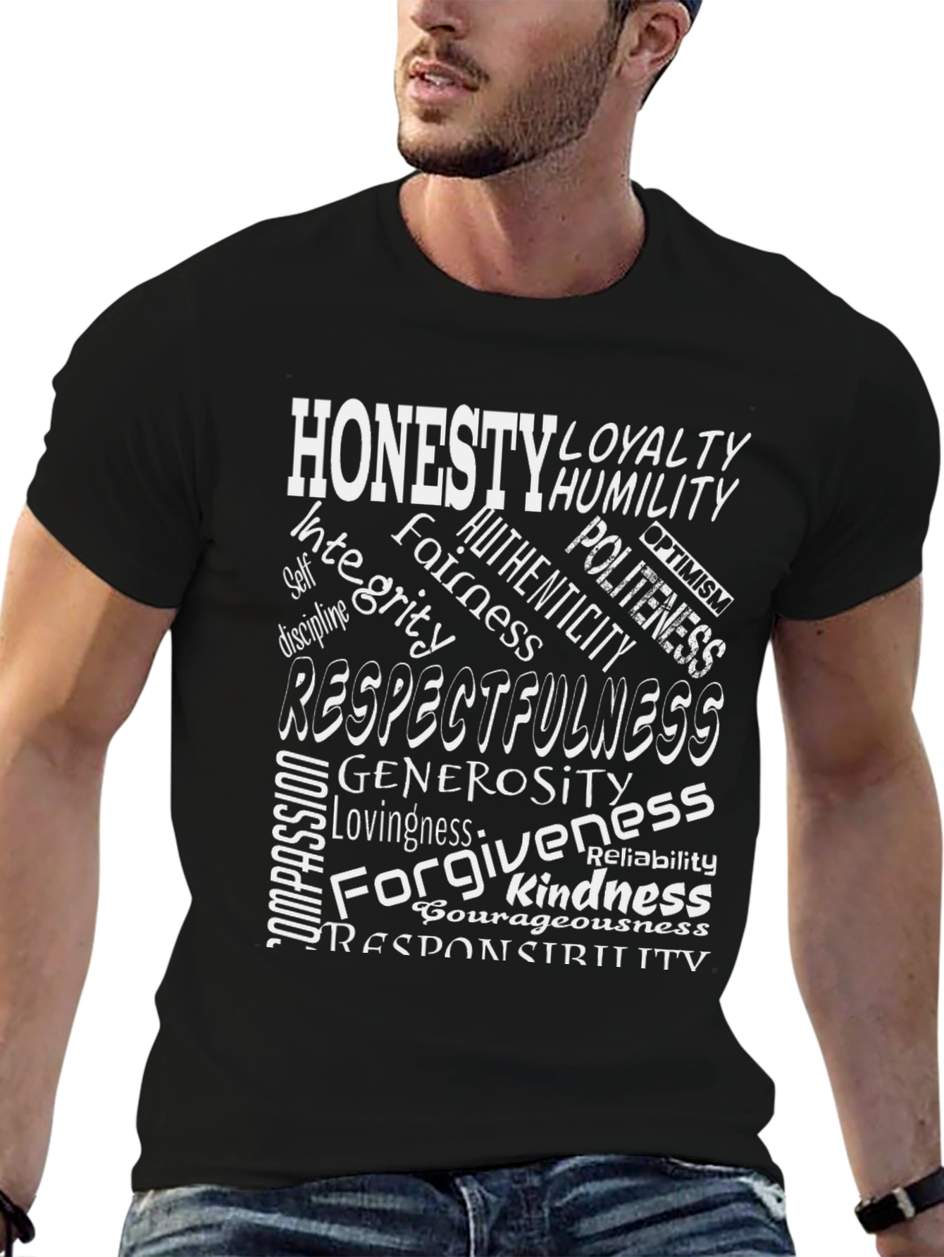 Black Virtue Word Cloud T-Shirt - Honesty, Kindness, Respect view 6