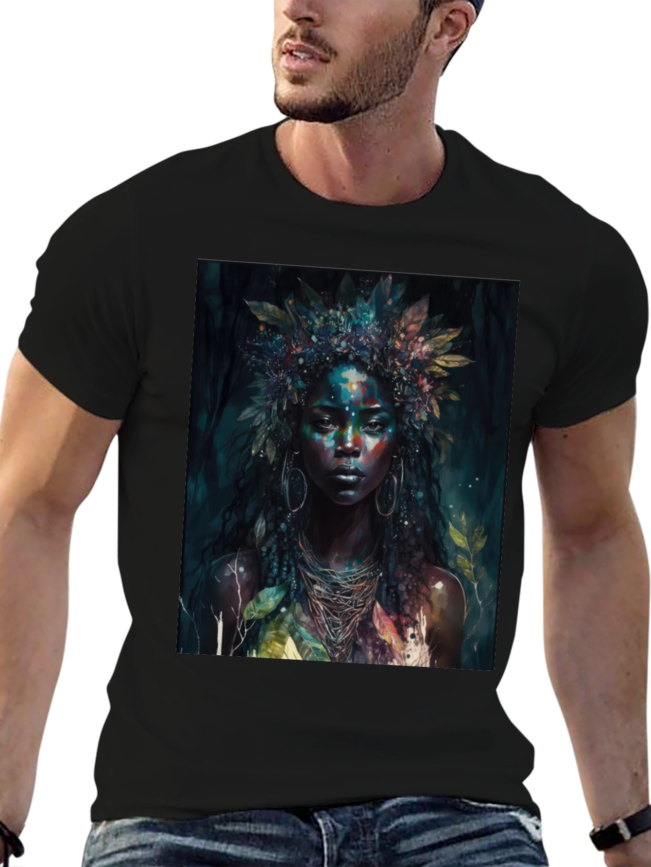 Black Mystic Woman Graphic Tee - Nature Art T-Shirt view 6