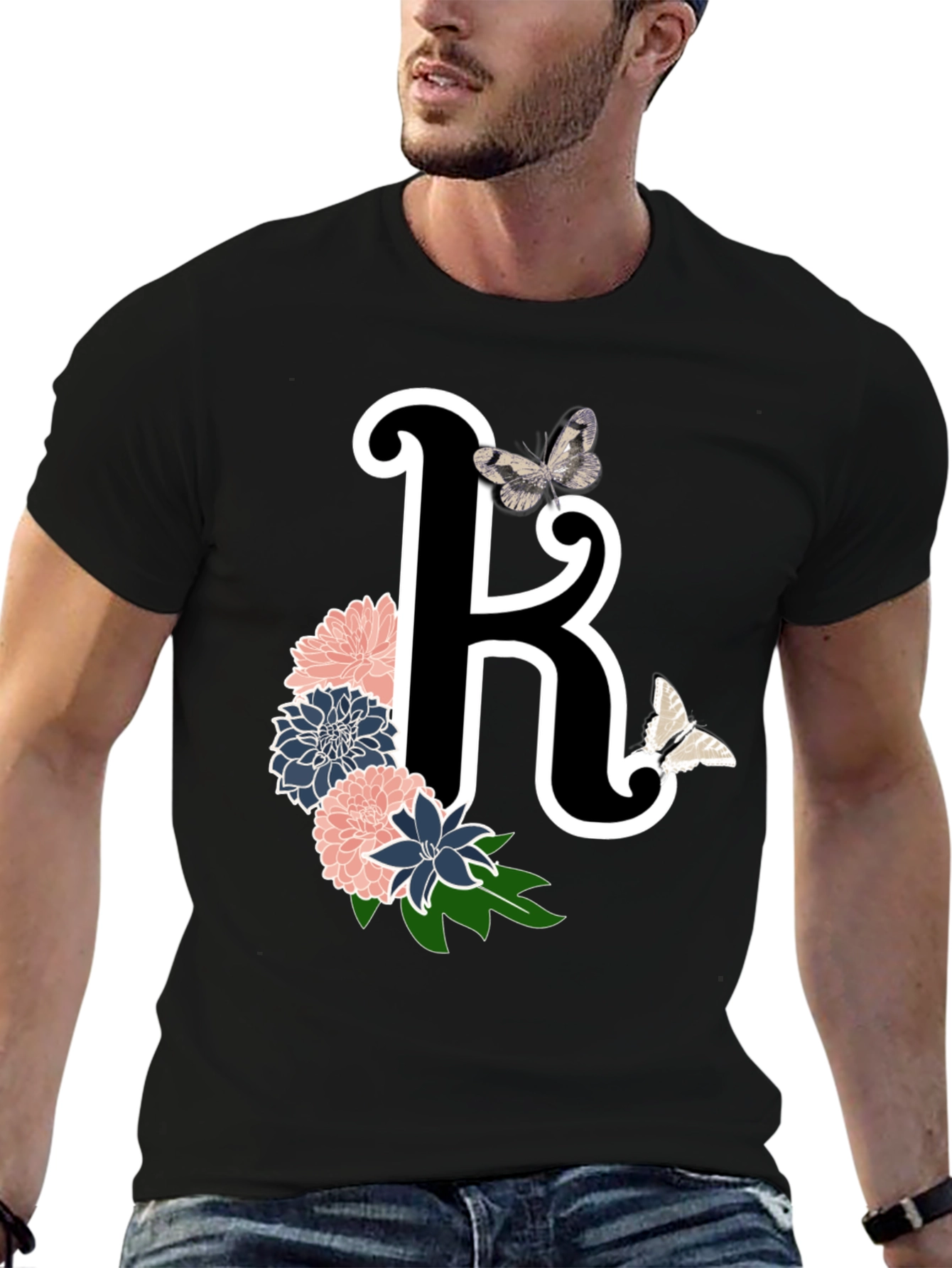 Black Floral Letter K Black T-Shirt view 6