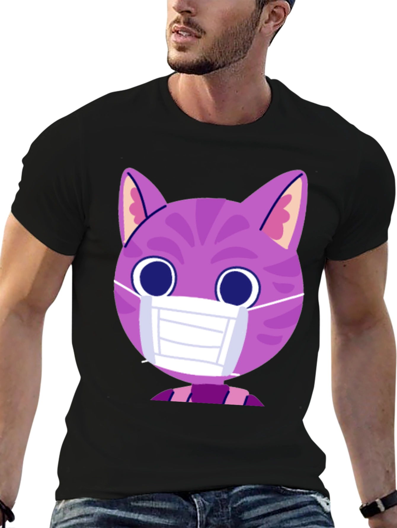 Black Cute Cat in Mask Graphic Tee - Unisex Black T-Shirt view 6