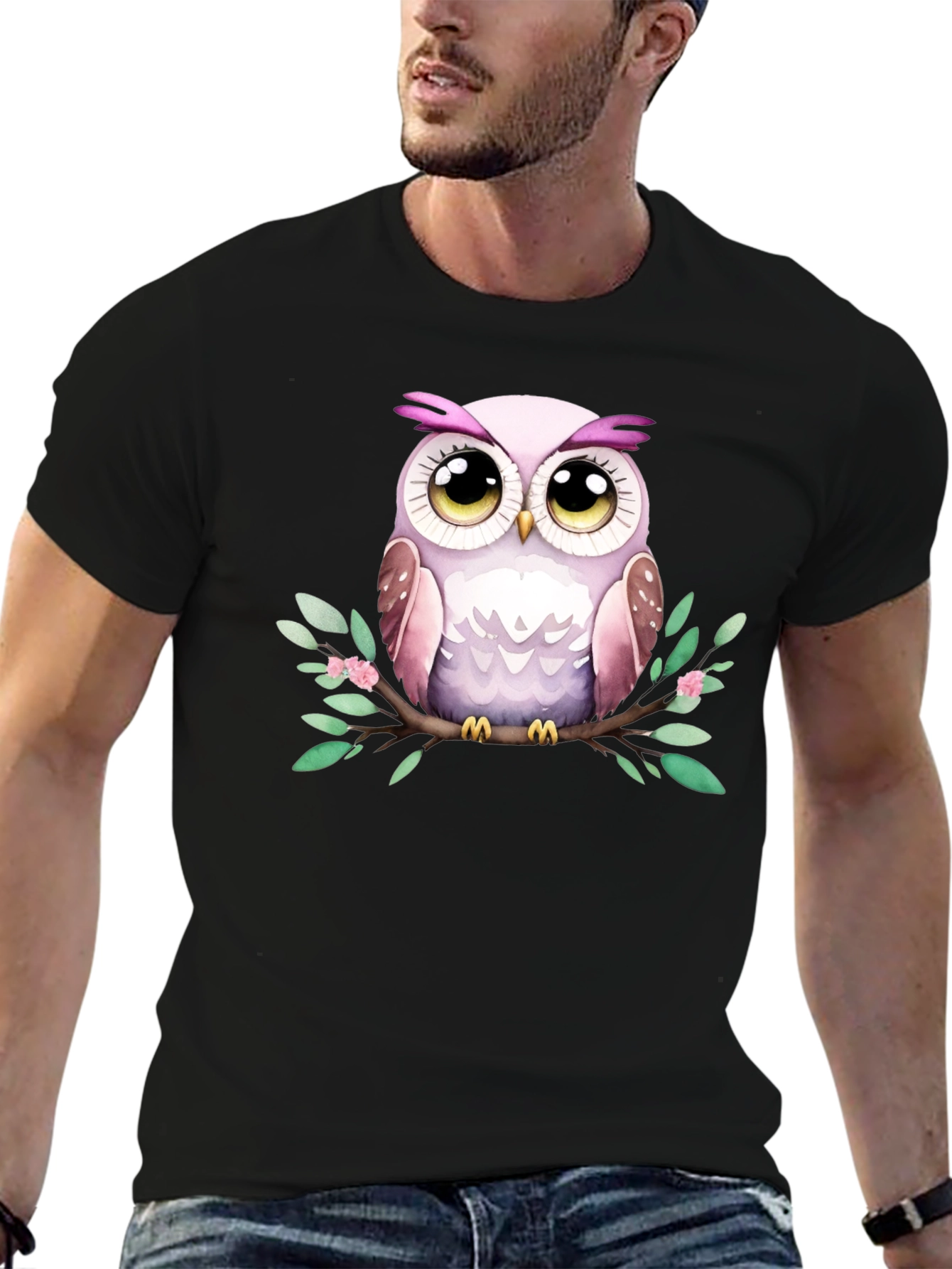 Black Cute Owl Graphic Tee - Black Cotton Blend view 6