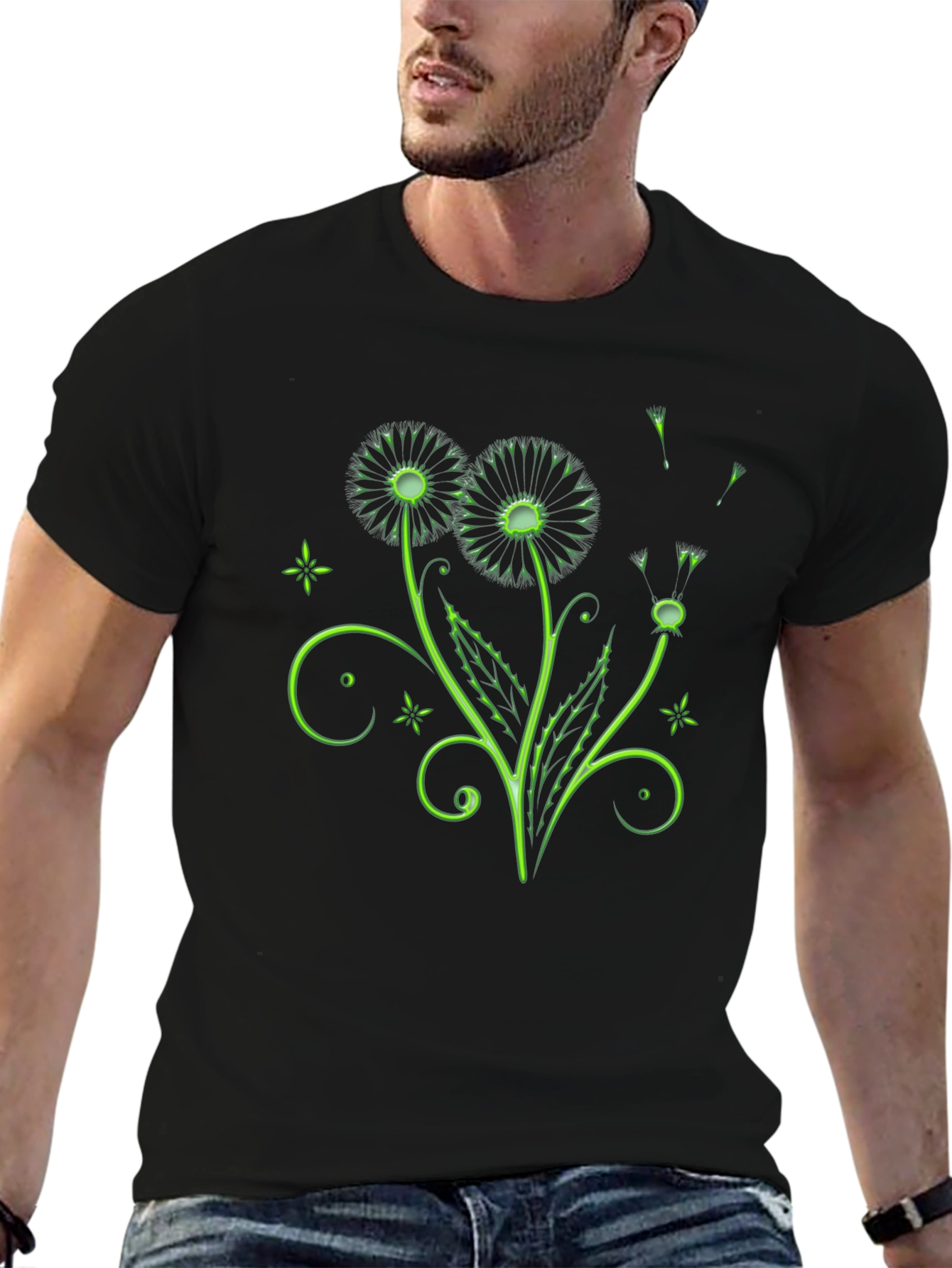 Black Neon Dandelion Graphic Black T-Shirt view 6