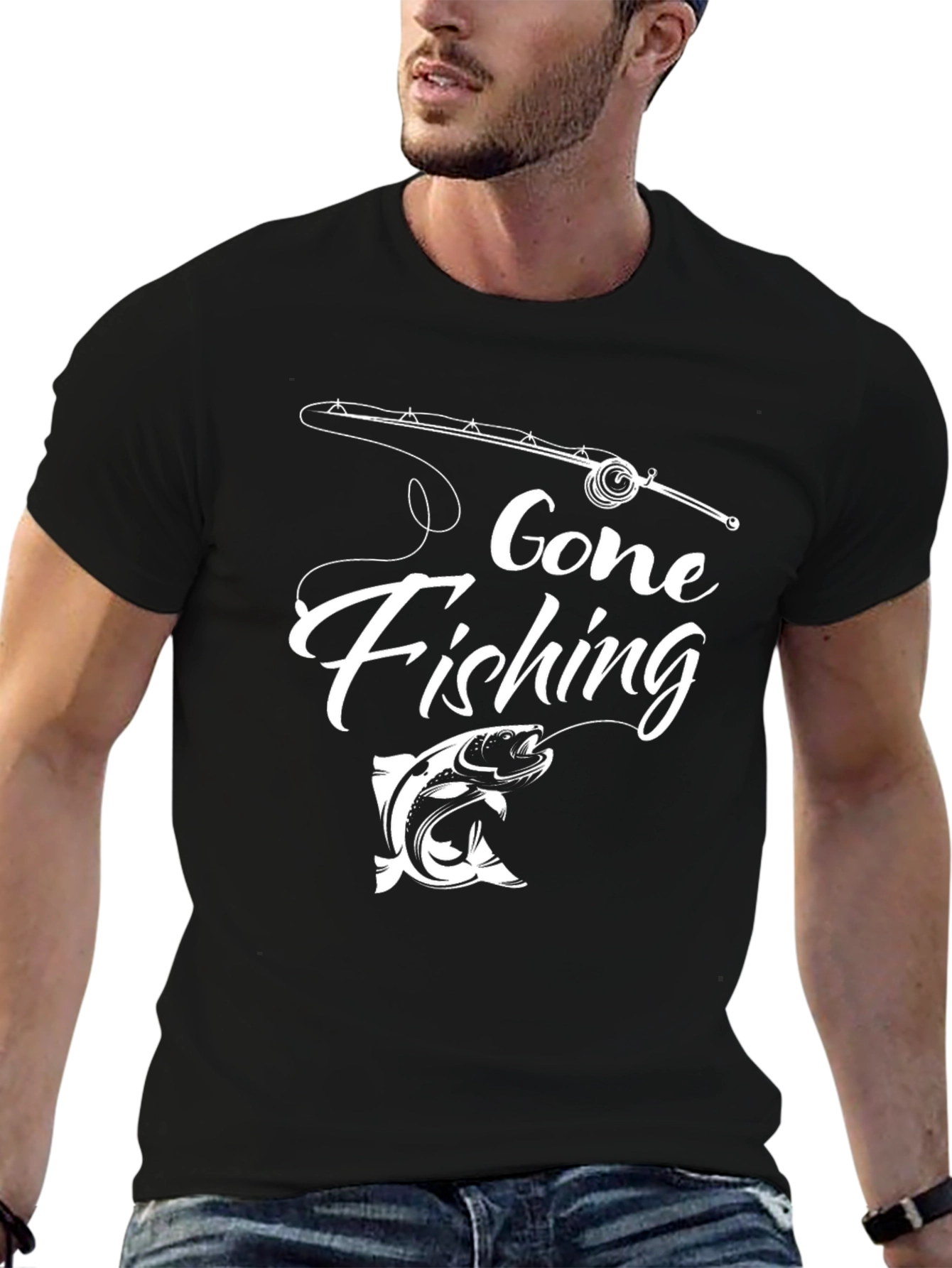 Black Gone Fishing Graphic Tee - Black Cotton T-Shirt view 6