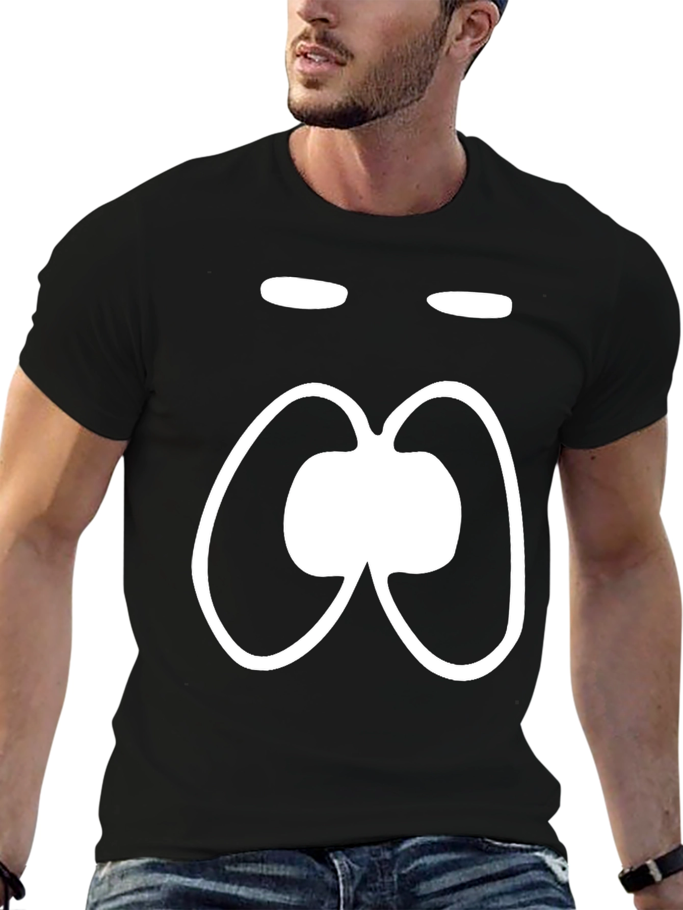 Black Funny Face Black T-Shirt, White Cartoon Graphic view 6