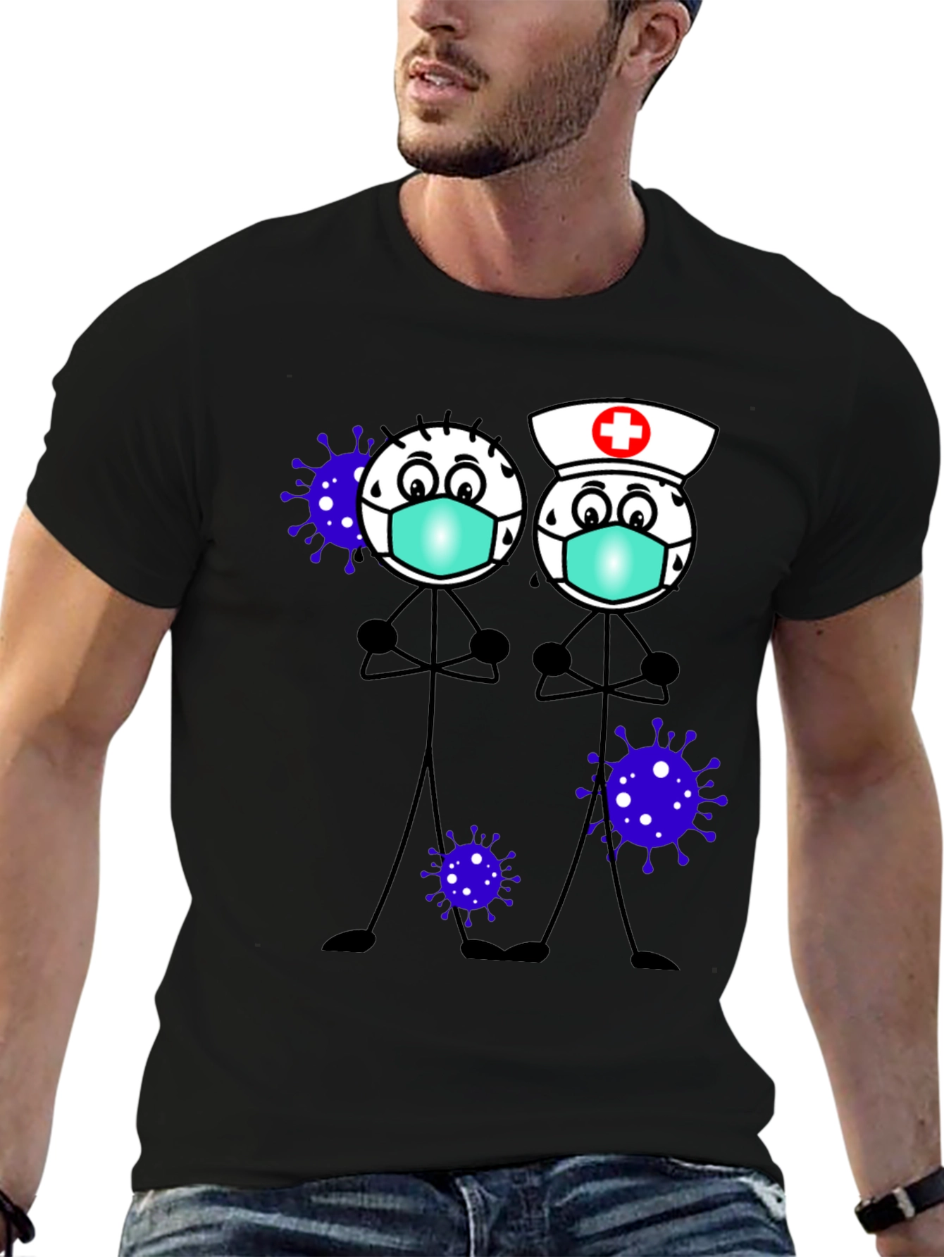 Black Cartoon Stick Figures with Mask T-Shirt view 6