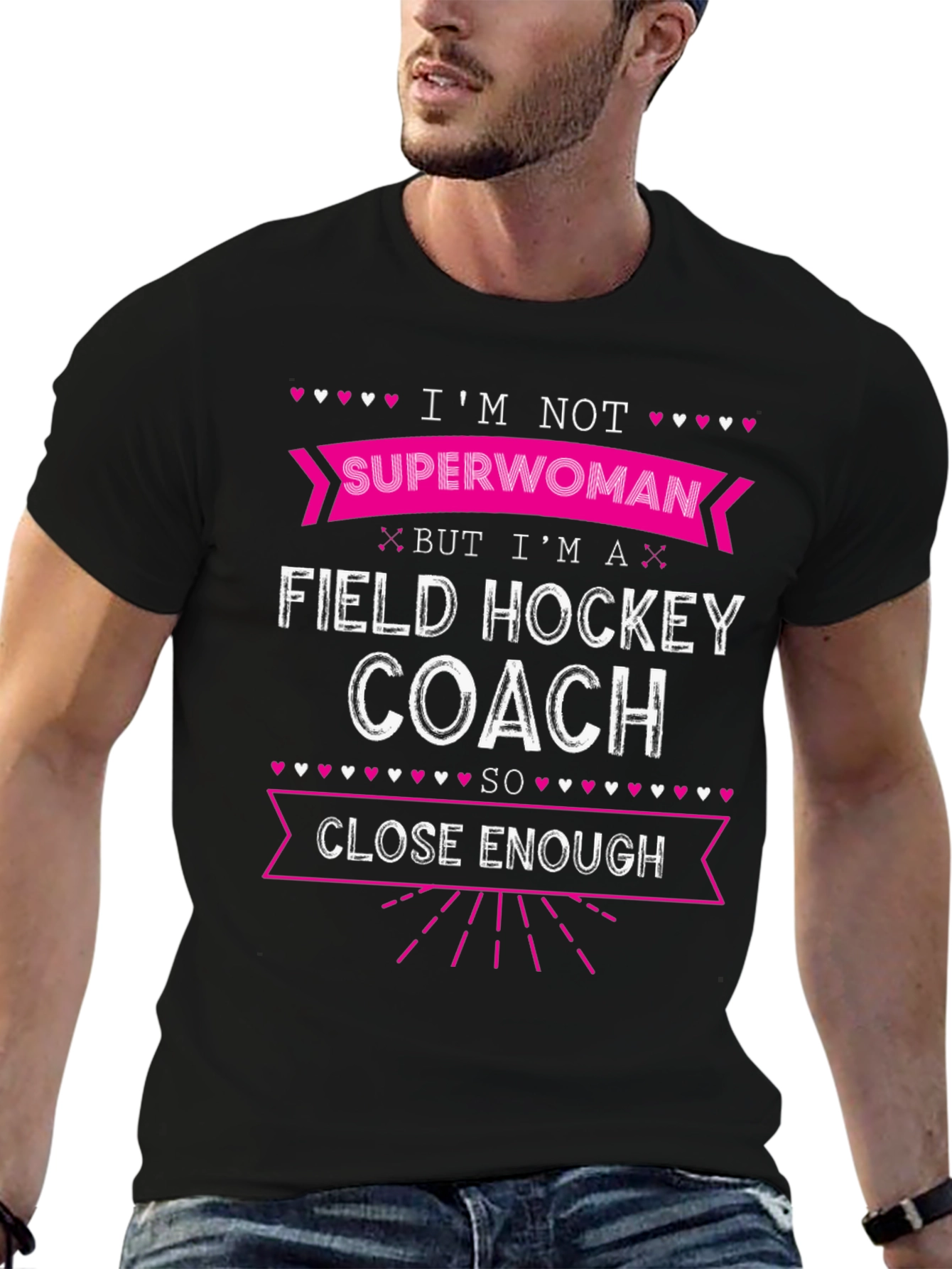 Black Field Hockey Coach T-Shirt - Superwoman Close Enough view 6