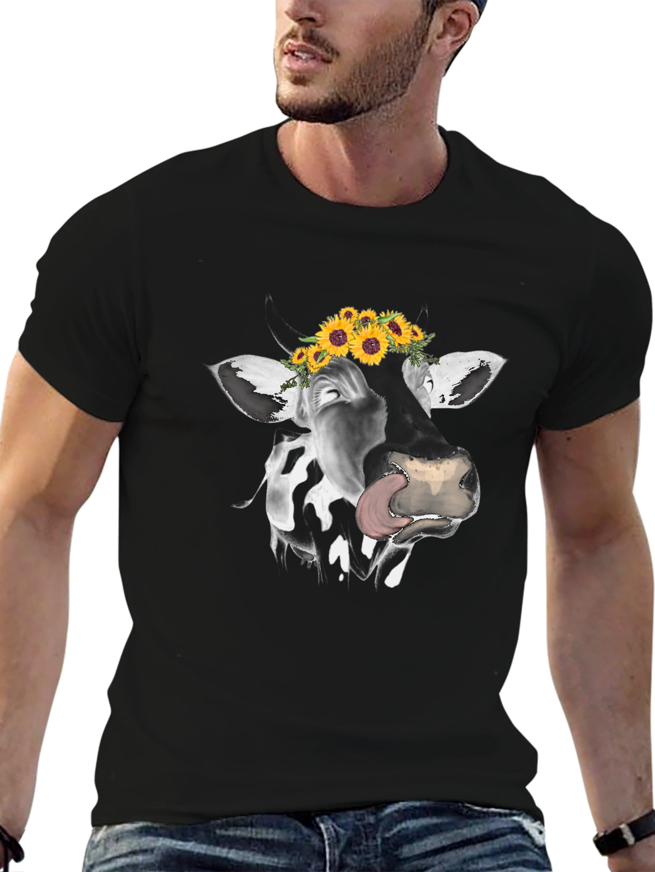 Black Cow with Sunflower Crown Graphic Tee view 6
