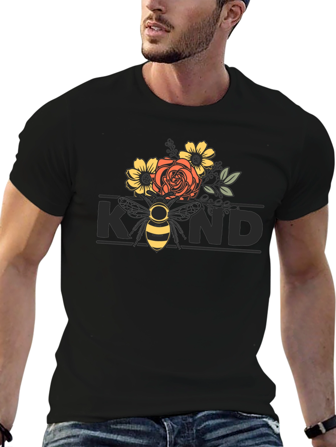 Black Floral Bee Kind T-Shirt - Black view 6