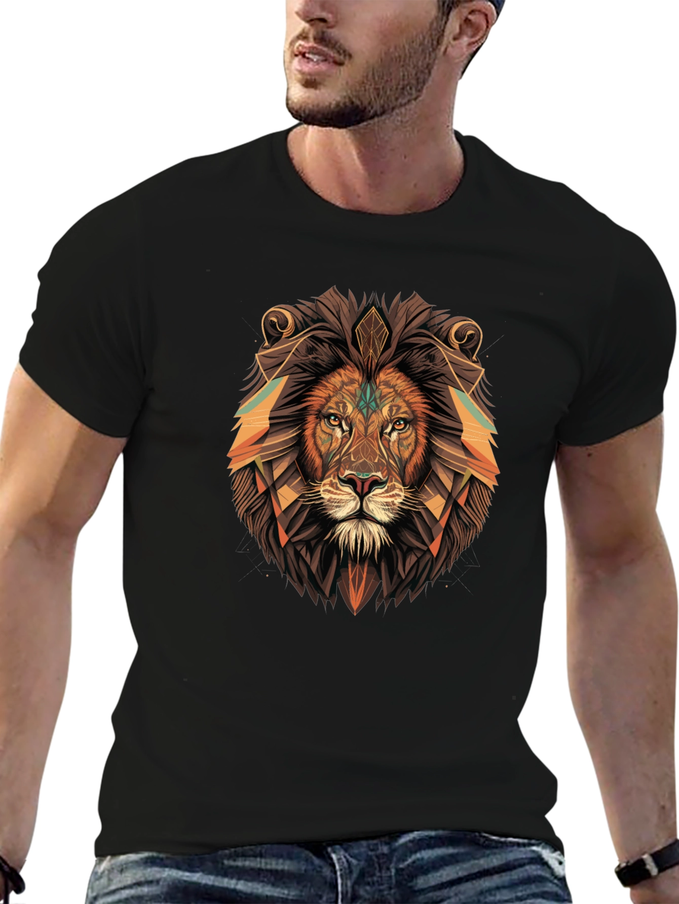 Black Geometric Lion Graphic Tee - Black Cotton Blend view 6