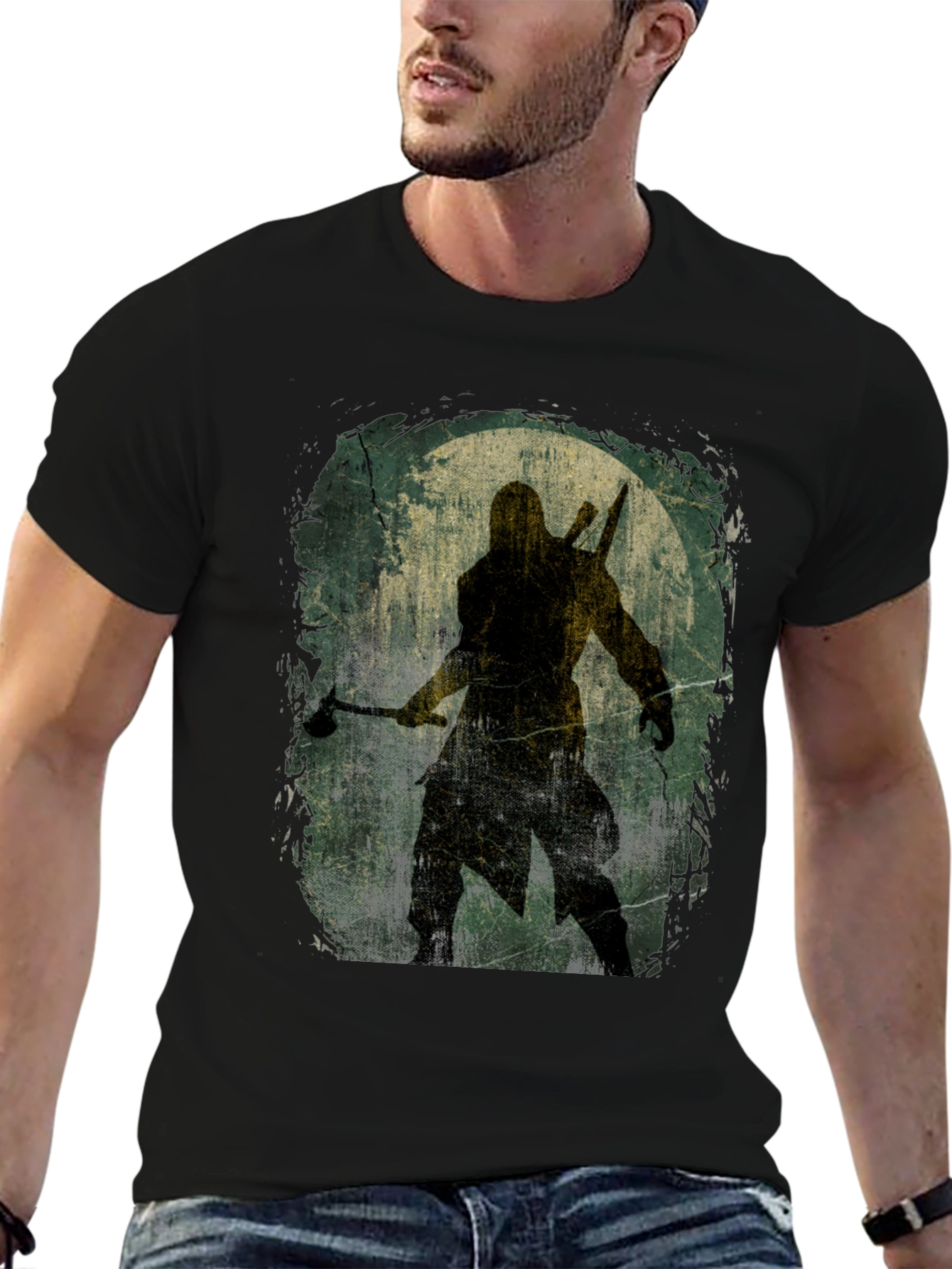 Black Warrior Silhouette Graphic Tee - Black Cotton T-Shirt view 6
