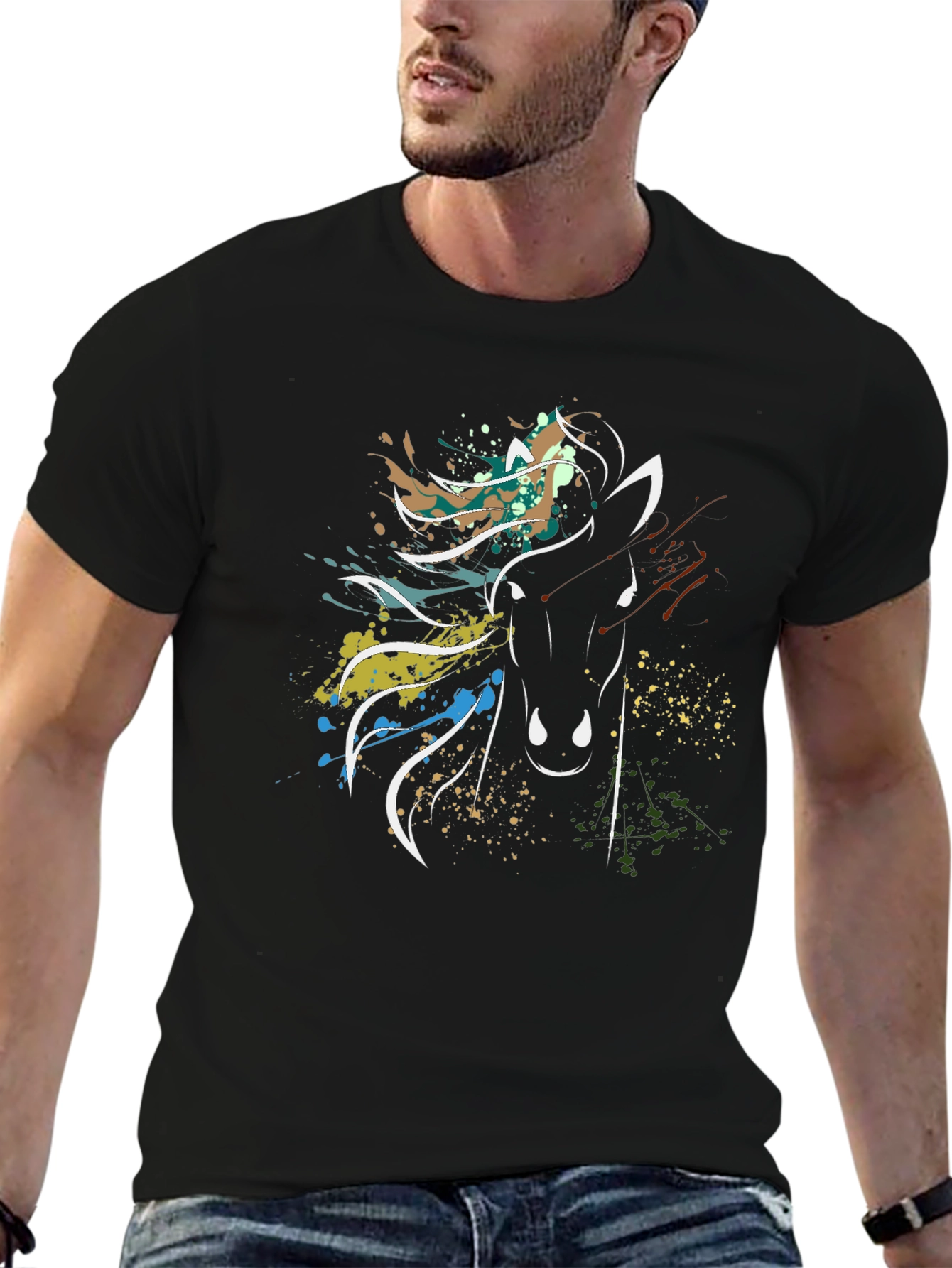 Black Abstract Horse Graphic Tee - Stylish Men's Black T-Shirt view 6