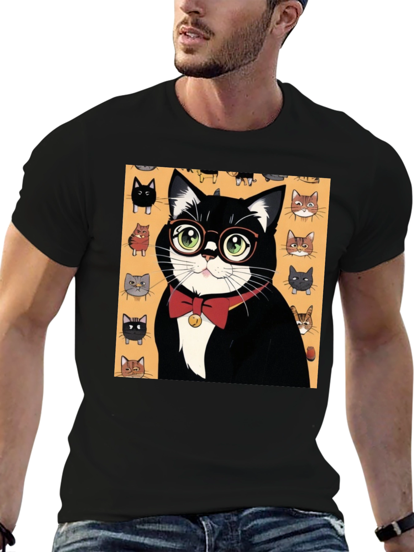 Black Cool Cat T-Shirt - Black Tee with Whimsical Cat Print view 6