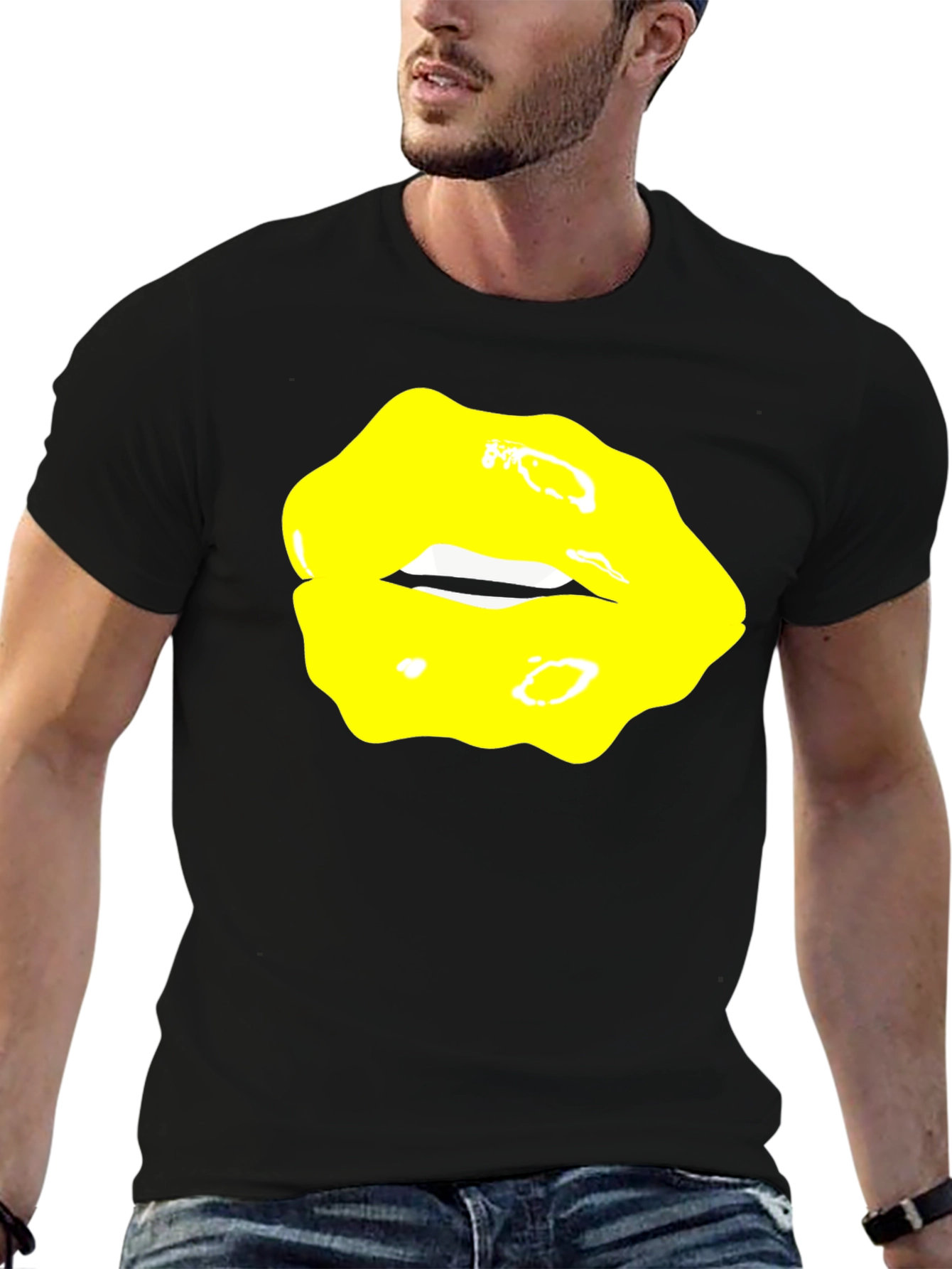 Black Yellow Lips Graphic Black Tee view 6