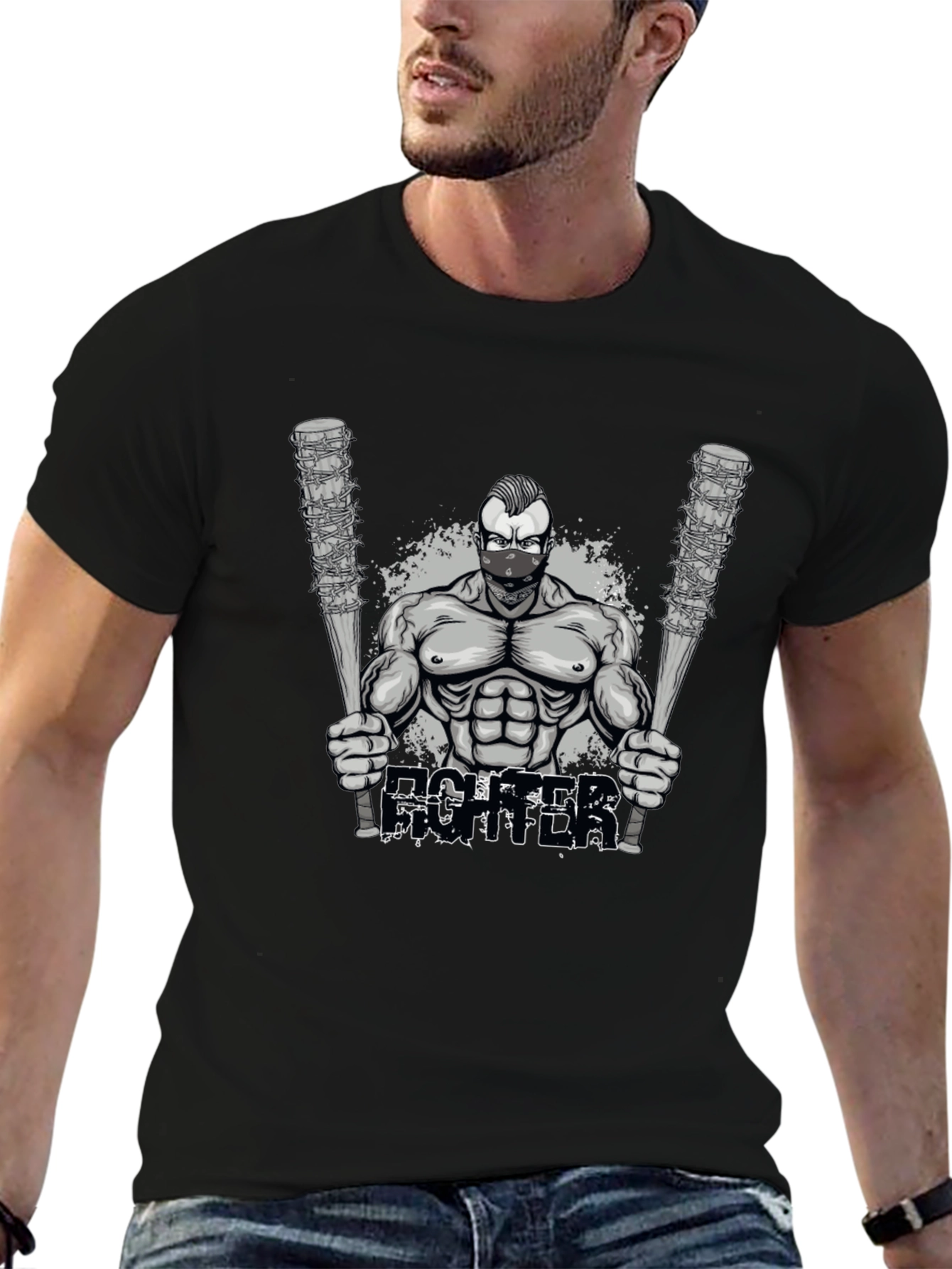 Black Fighter Graphic T-Shirt - Men's Black Tee view 6