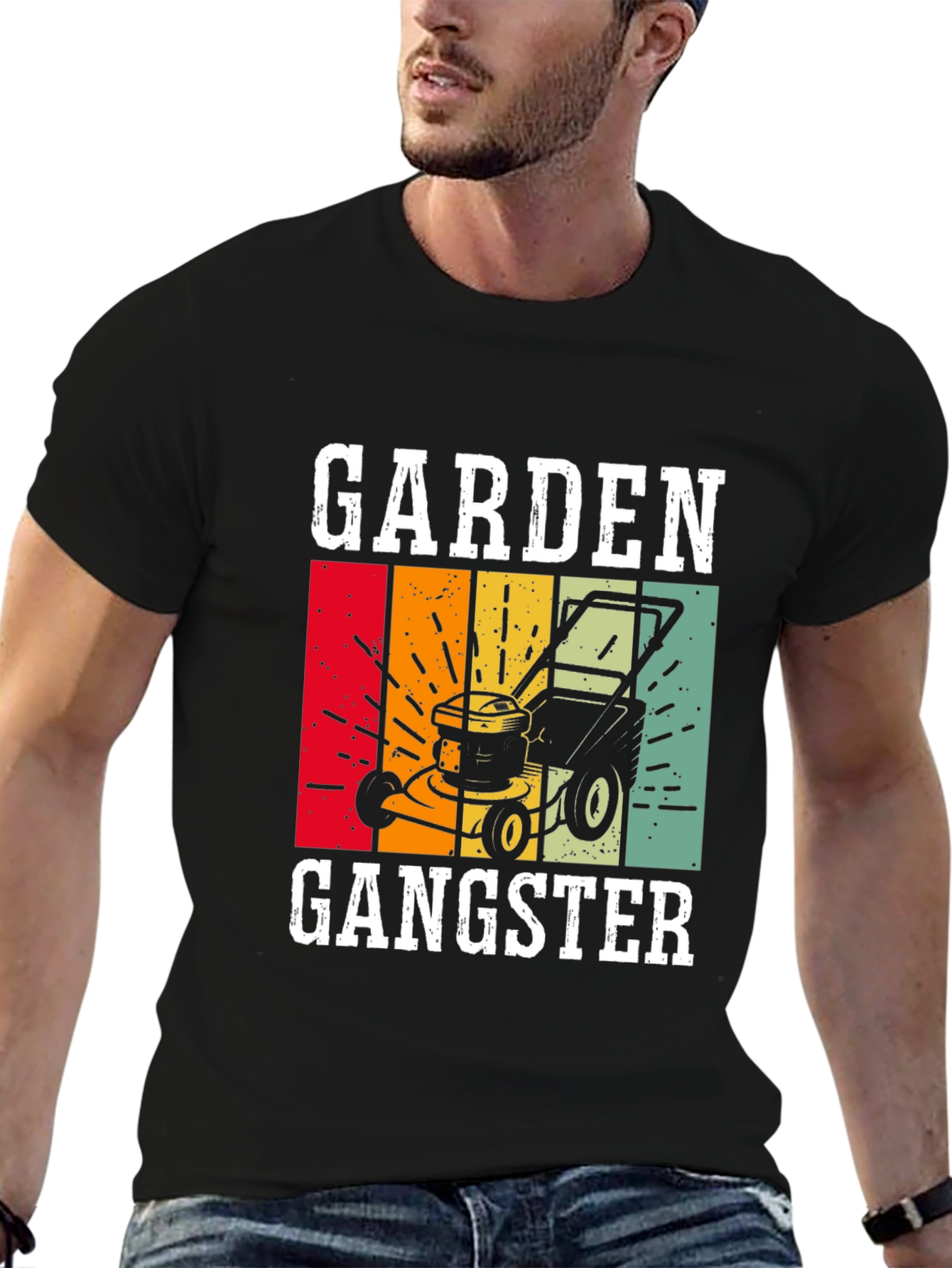 Black Garden Gangster Graphic T-Shirt - Retro Lawn Mower Design view 6