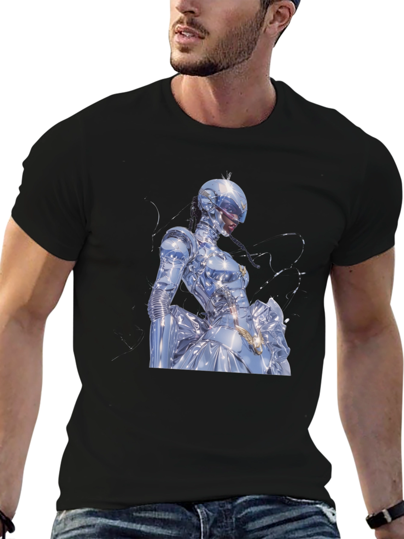 Black Futuristic Robot Woman T-Shirt view 6