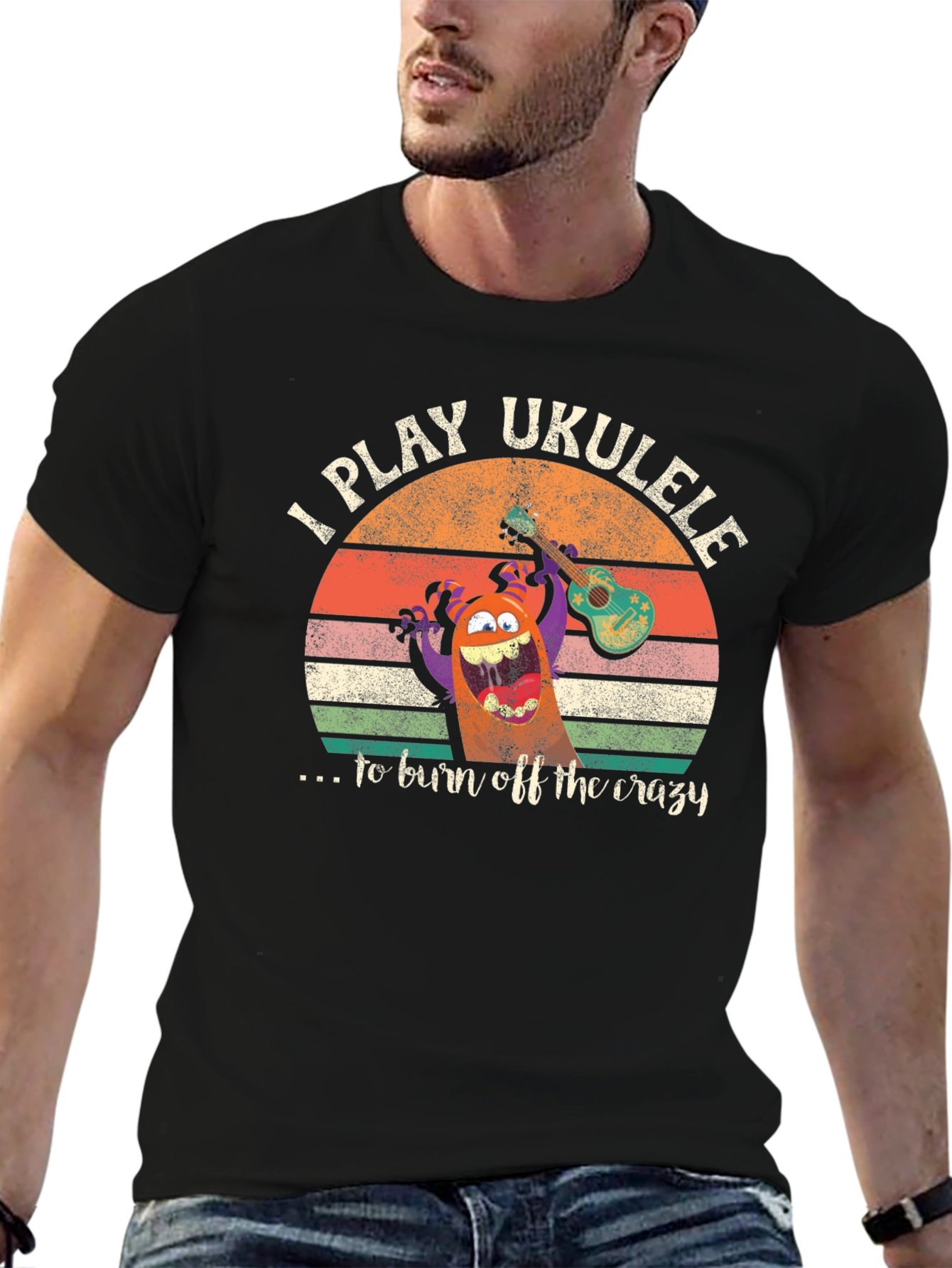 Black I Play Ukulele to Burn Off Crazy Graphic Tee view 6