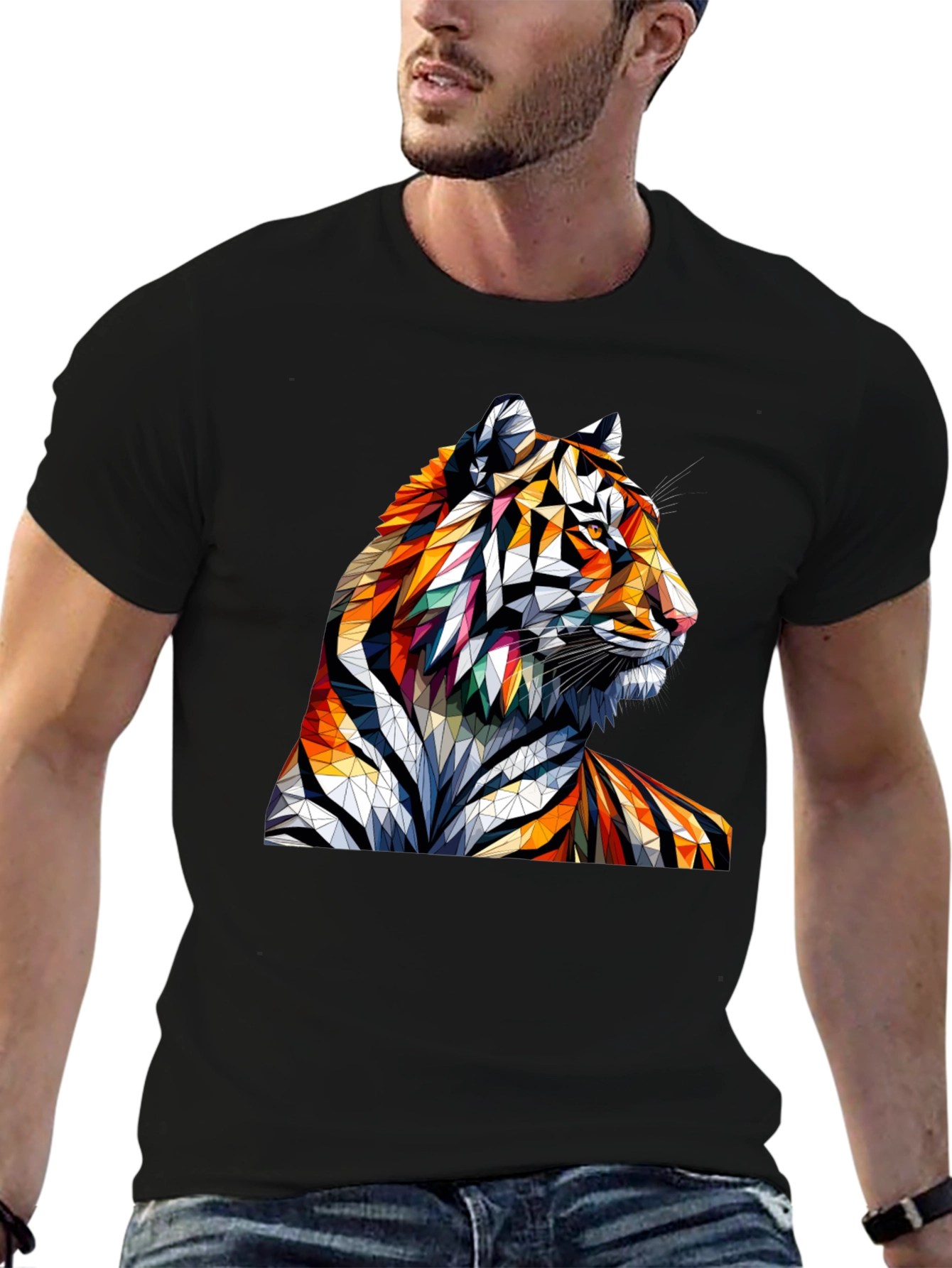 Black Geometric Tiger Graphic Tee - Unique Animal Art Shirt view 6