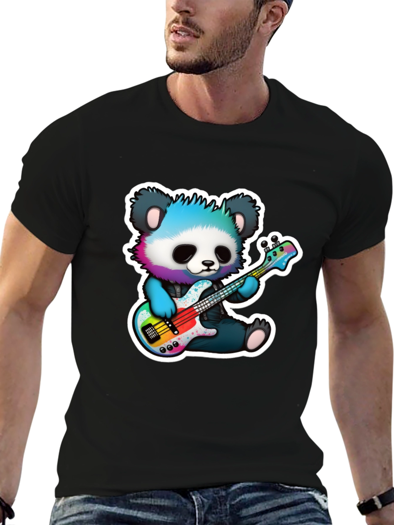 Black Panda Guitarist Graphic Tee - Cool Bear Musician Shirt view 6