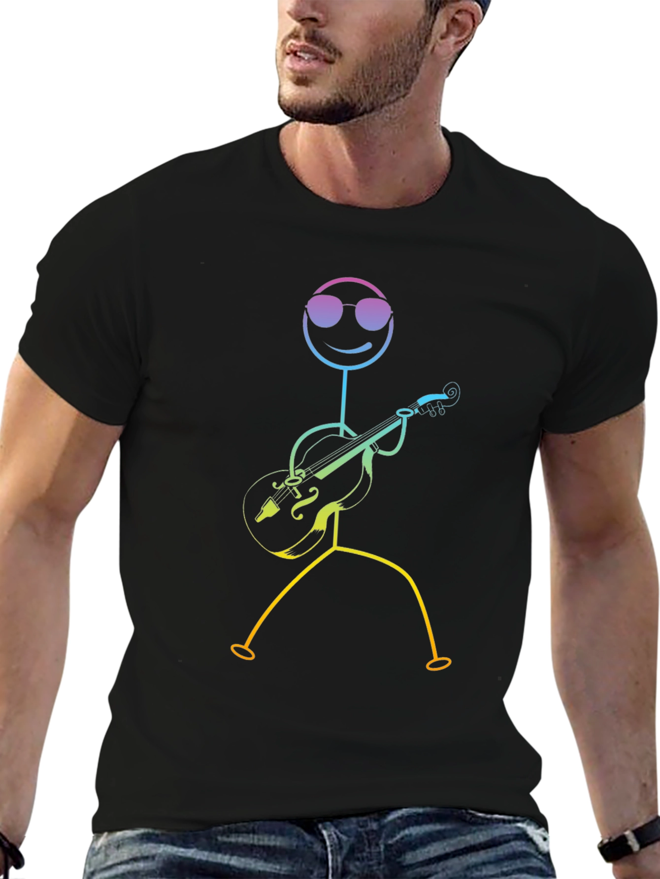 Black Cool Stick Figure Musician Black T-Shirt view 6