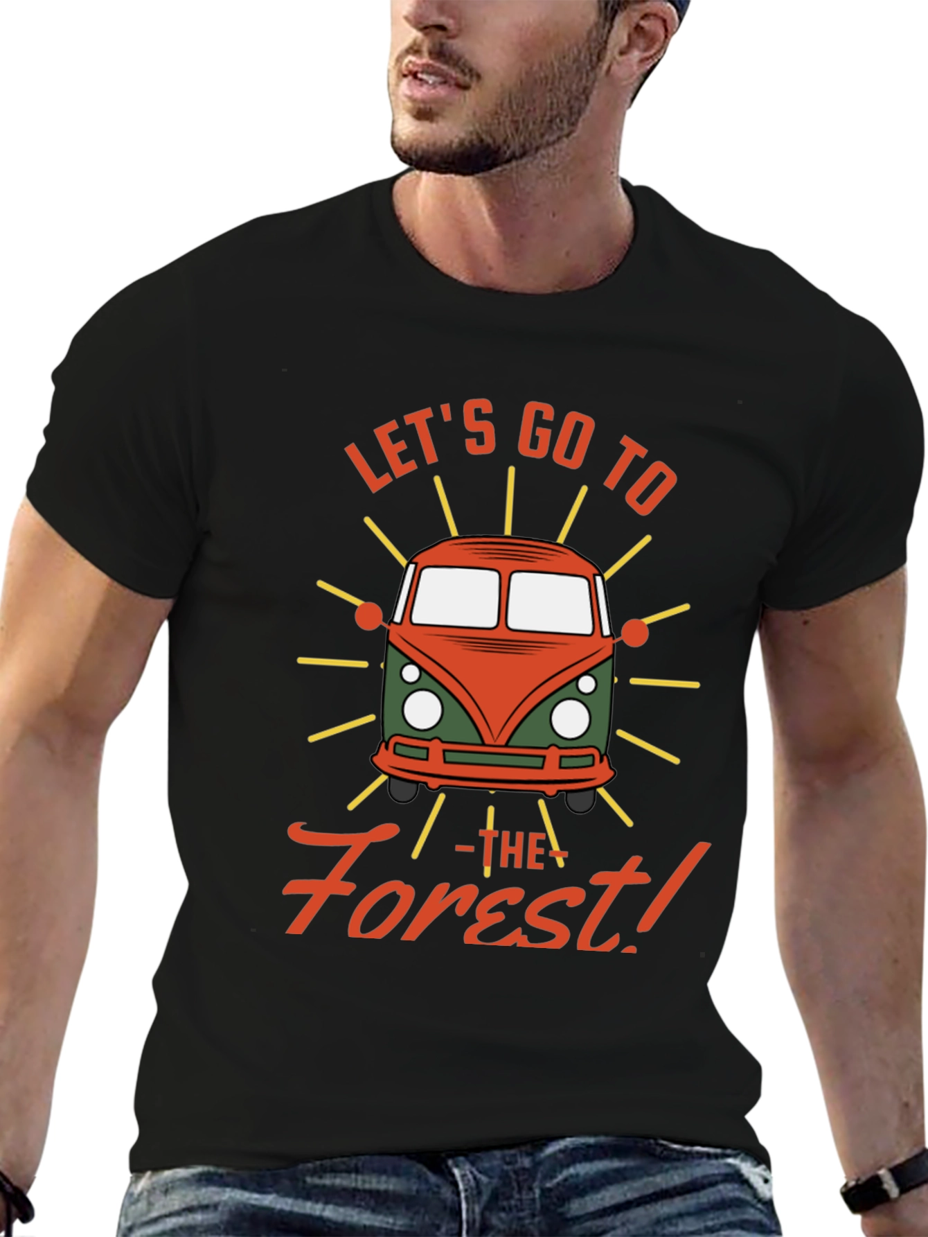 Black Let's Go to the Forest Retro Camper Van Graphic Tee view 6