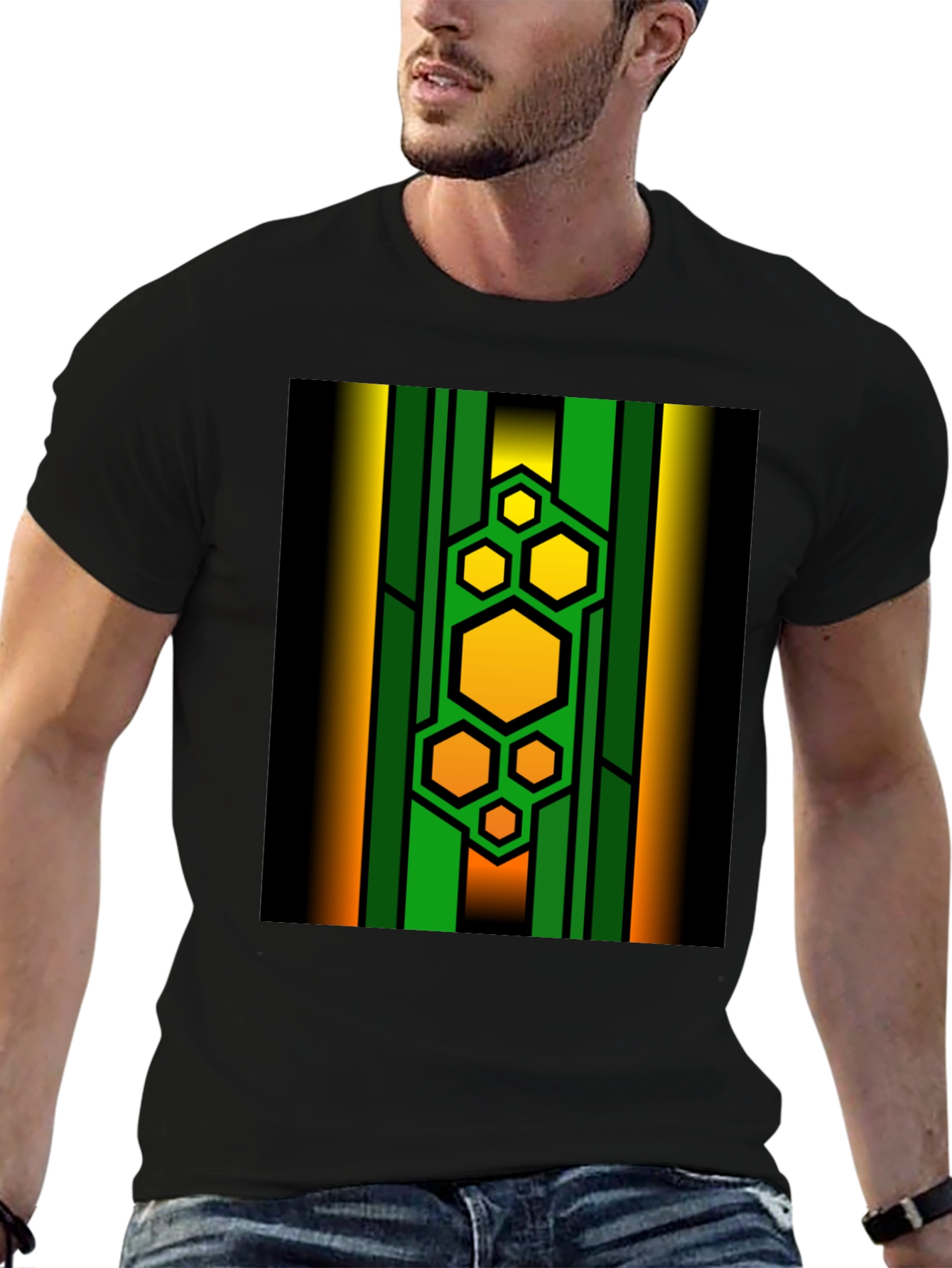 Black Geometric Hexagon Pattern T-Shirt view 6