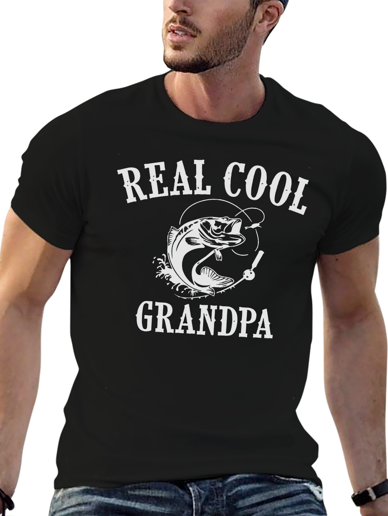 Black Real Cool Grandpa Fishing T-Shirt - Black view 6