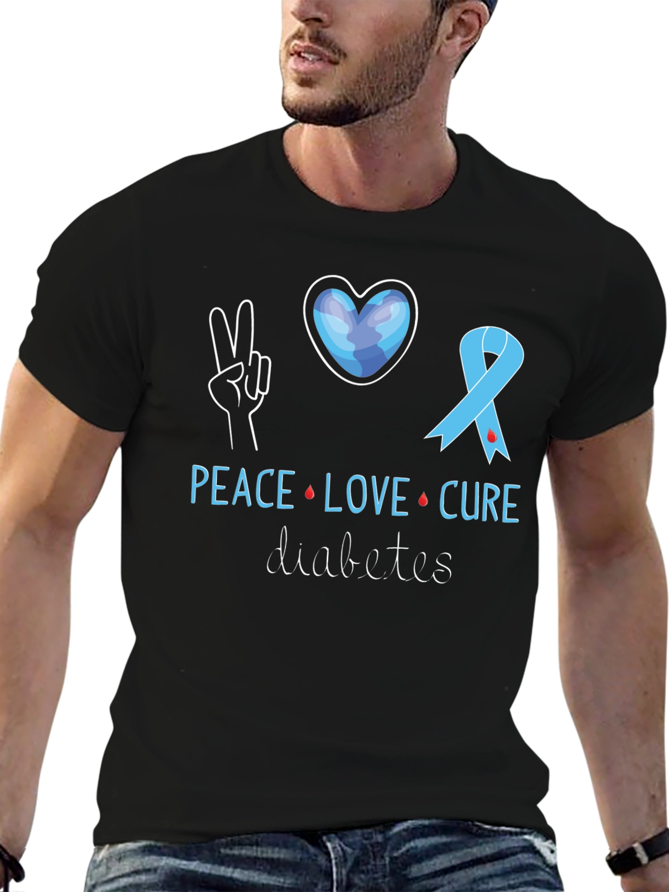 Black Peace Love Cure Diabetes Awareness T-Shirt view 6