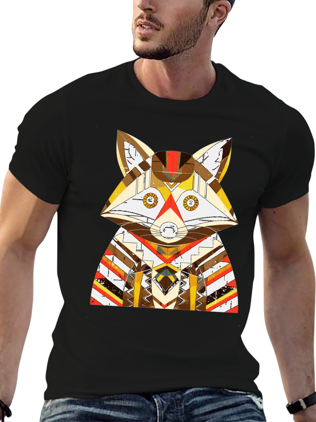 Black Geometric Fox Graphic Black T-Shirt view 6