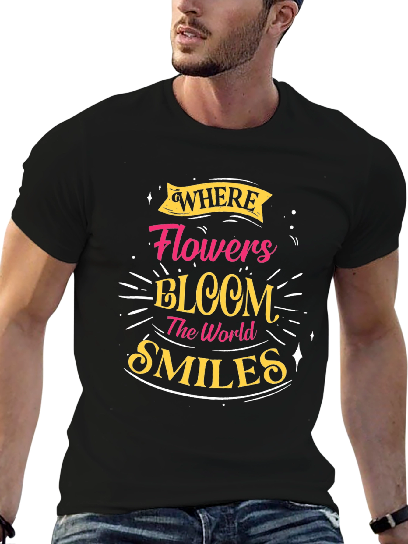 Black Floral Bloom Smiles Black Graphic Tee view 6
