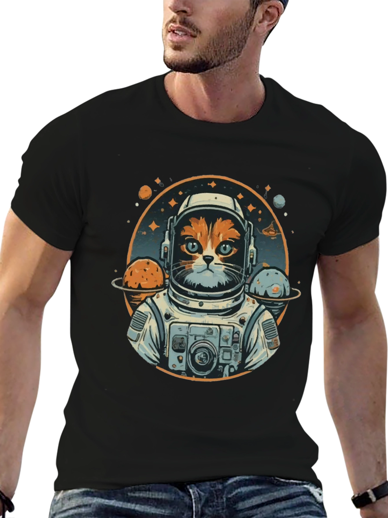 Black Cat Astronaut Graphic T-Shirt - Space Kitty Tee view 6