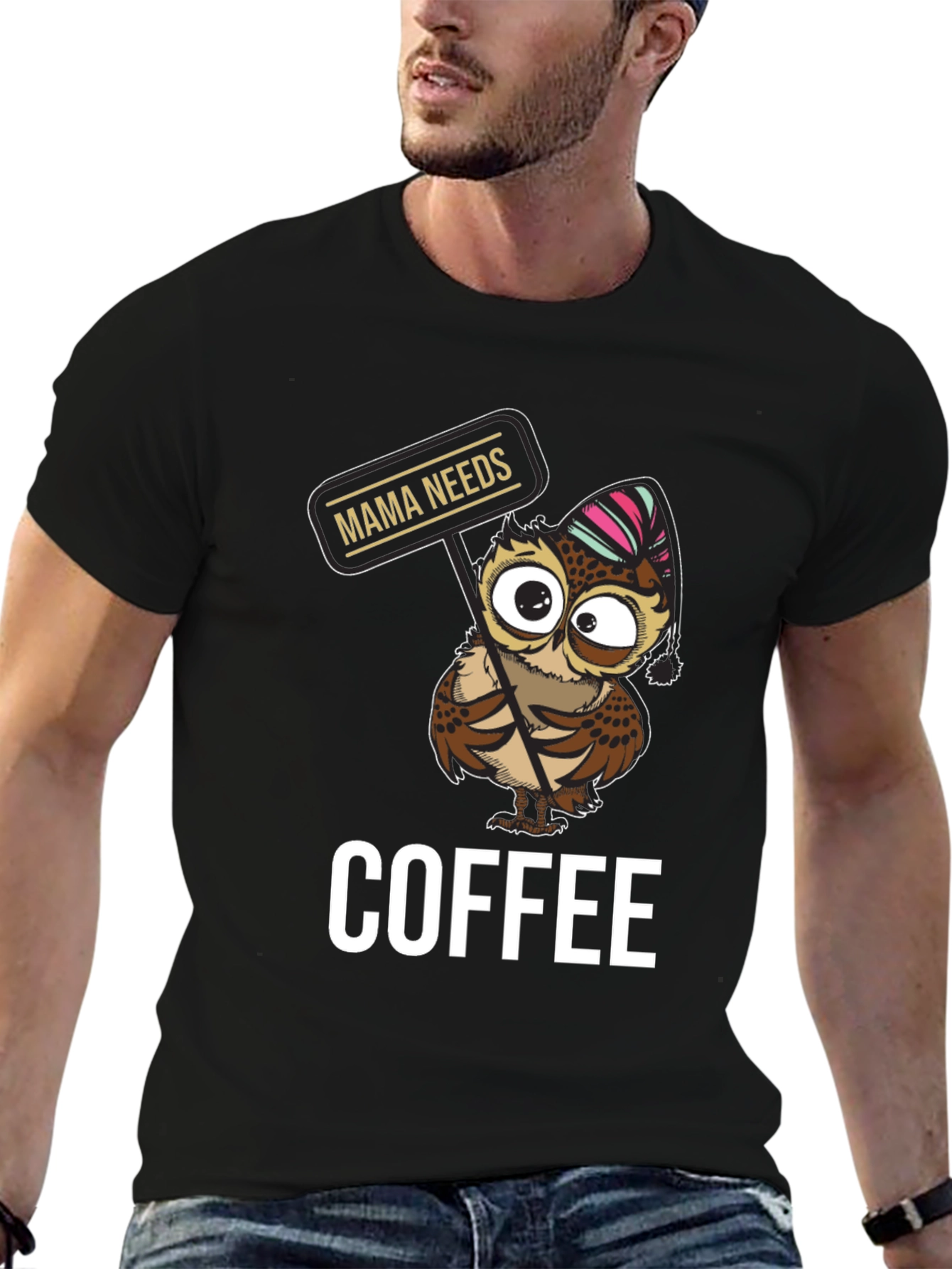 Black Mama Needs Coffee Owl T-Shirt - Cute Graphic Tee view 6