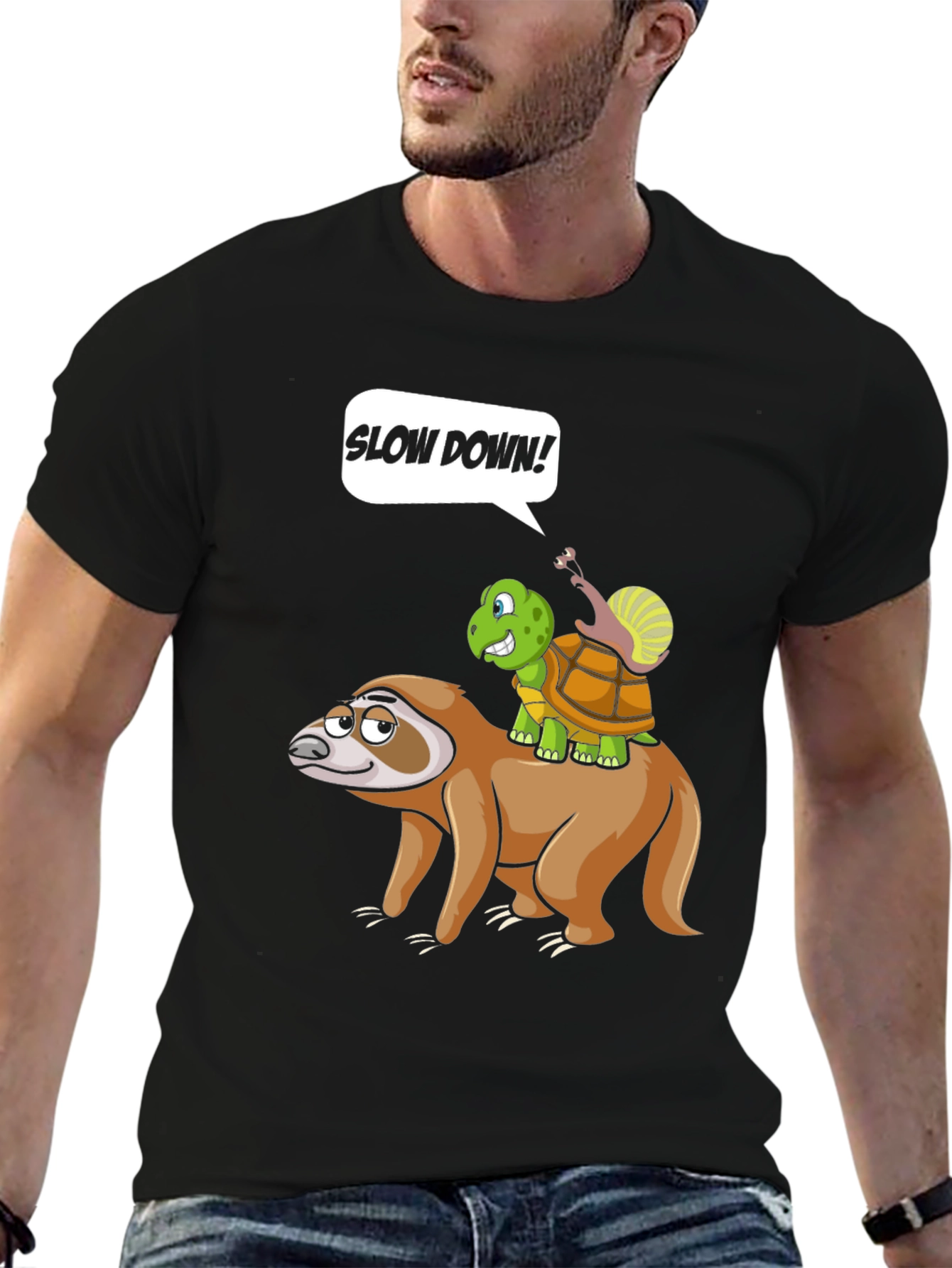Black Funny Slow Down Sloth, Turtle, and Snail T-Shirt view 6
